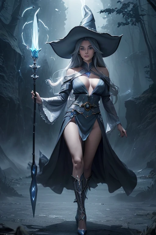 (master piece:1.8), (best quality:1.8), (exquisite lighting and shadow, highly dramatic picture, cinematic lens effect) 8k, wallpaper, one hand pointing the sky, looking at the viewer, female long silver hair waving in the air dark fantasy magician lady wearing an elaborate futuristic thin dark gray and light gray large tunic with white lines and very long tunic sleeves, large dress, with a big gray pointy magician hat with a big blue gem in the center, high heels, holding a middle magic staff, thin waist, notorious hips, serious look in the eyes, beautiful eyes, beautiful lips, blue energy lake behind, blue mist, blue stars, blue energy spots behind, ethereal lightning, sharp focus
