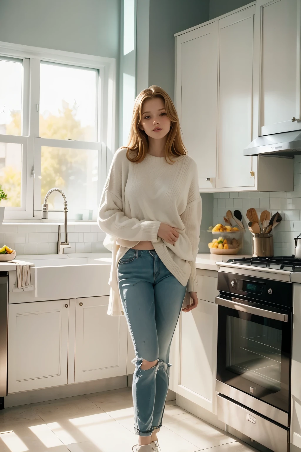 one girl, ((full body)), solo, oversized white cropped sweater, kitchen interior, (cinematic lighting, perfect lighting), (vivid colors), looking at viewer, parallel to the camera.