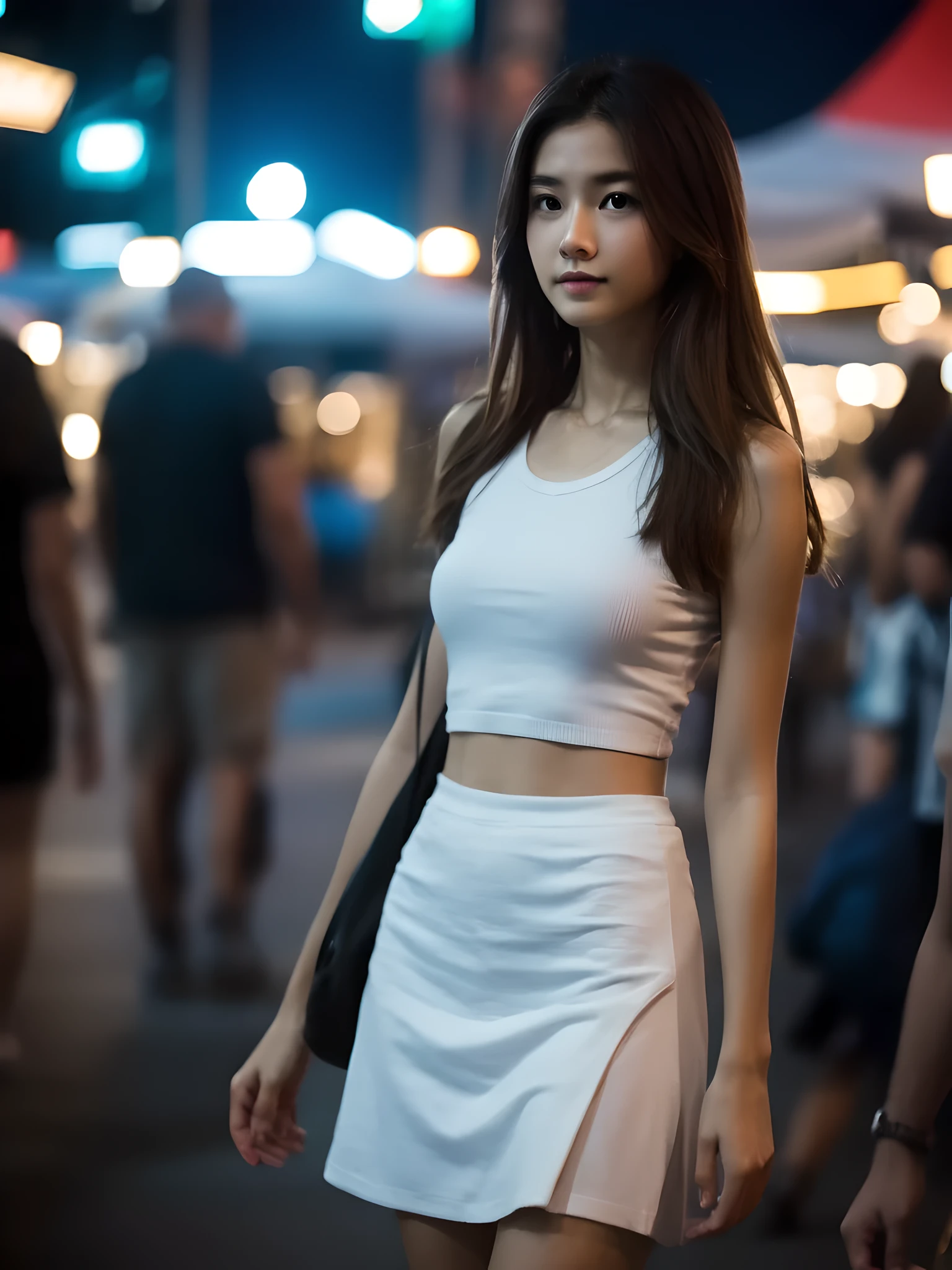 Realistic, 1 girl, long brown hair, slim body,slim face, white skirt, tank top, city street, night market, bokeh,