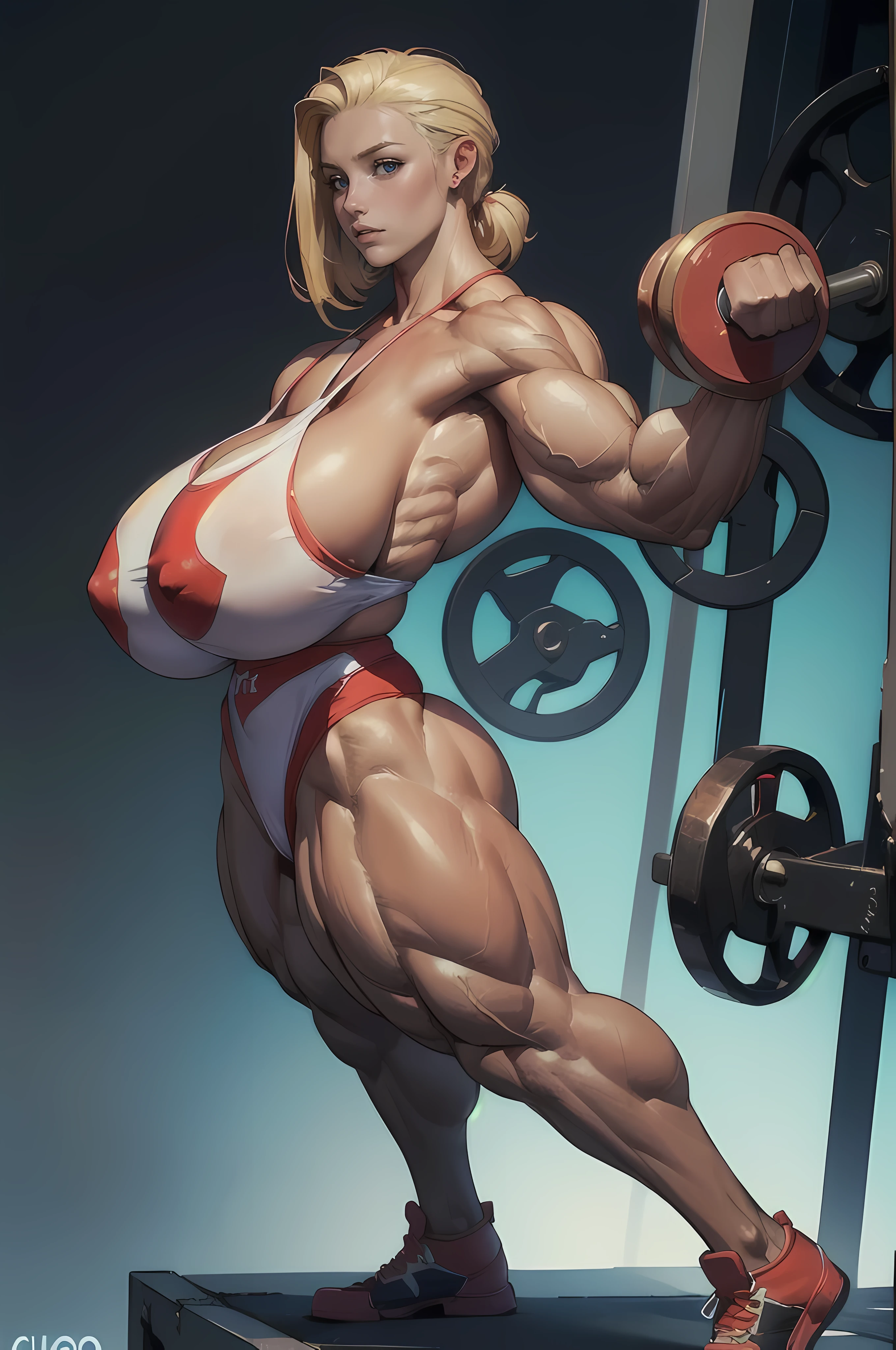 (masterpiece, best quality, beautiful and aesthetic:1.2), 1 woman, blonde, hi-top fade, dark theme, soothing tones, muted colors, high contrast, sharp, (((Massive Female Bodybuilder:1.5))), (((Huge breasts:1.5))), wide hips, slim waist, ((muscular butt)), (dress by Guo Pei) , NSFW
