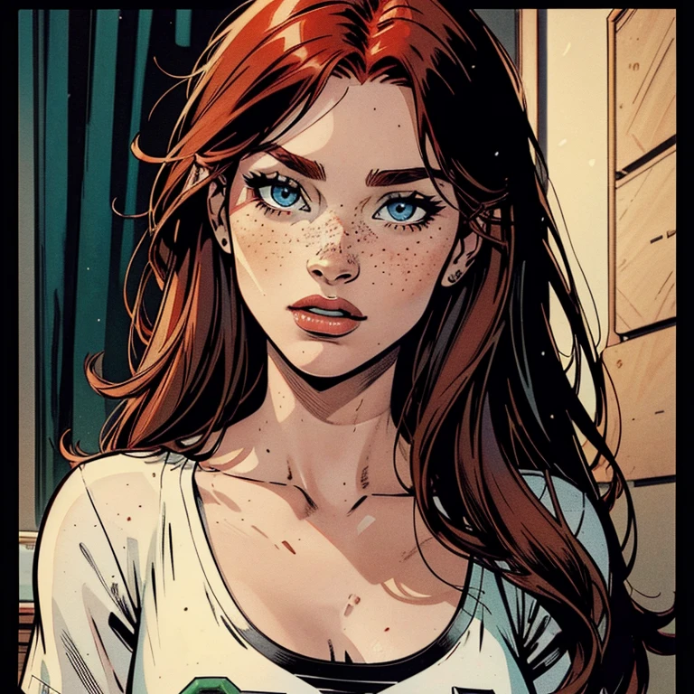 Draw a beautiful white redhead woman, she is wearing a black shirt, she has a little bit of freckles, she has a beautiful long red hair with a fringe, she has beautiful eyes with green iris, her face is pretty, very beutiful, high resolution, 4k, 8k, masterpiece, high detailed, american comic book style image