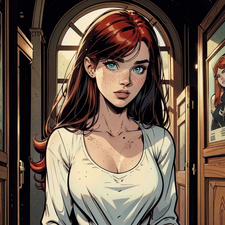 Draw a beautiful white redhead woman, she is wearing a black shirt, she has a little bit of freckles, she has a beautiful long red hair with a fringe, she has beautiful eyes with green iris, her face is pretty, very beutiful, high resolution, 4k, 8k, masterpiece, high detailed, american comic book style image