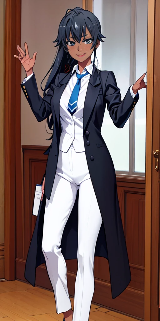 ((best quality)), ((masterpiece)), (detailed) 1girl 1girl, ;\), blurry, blurry_background, breasts, , hair_ponytail ribbon, looking_at_viewer, ok_sign, one_eye_closed, open_hand, Yukinoshita Yukino ,Woman wearing formal clothes, An attractive coat stands in a large gap in the room , 1girl, solo, blue necktie, Black hair, eyes blue, long hair, smile , collared shirt, white pants, white shirt , Elegantly designed coat , Stand in front of a window ,Perfectly tailored tailcoat. It has a stunning Victorian design and is made of lustrous fabric, dark skin gyaru black skin