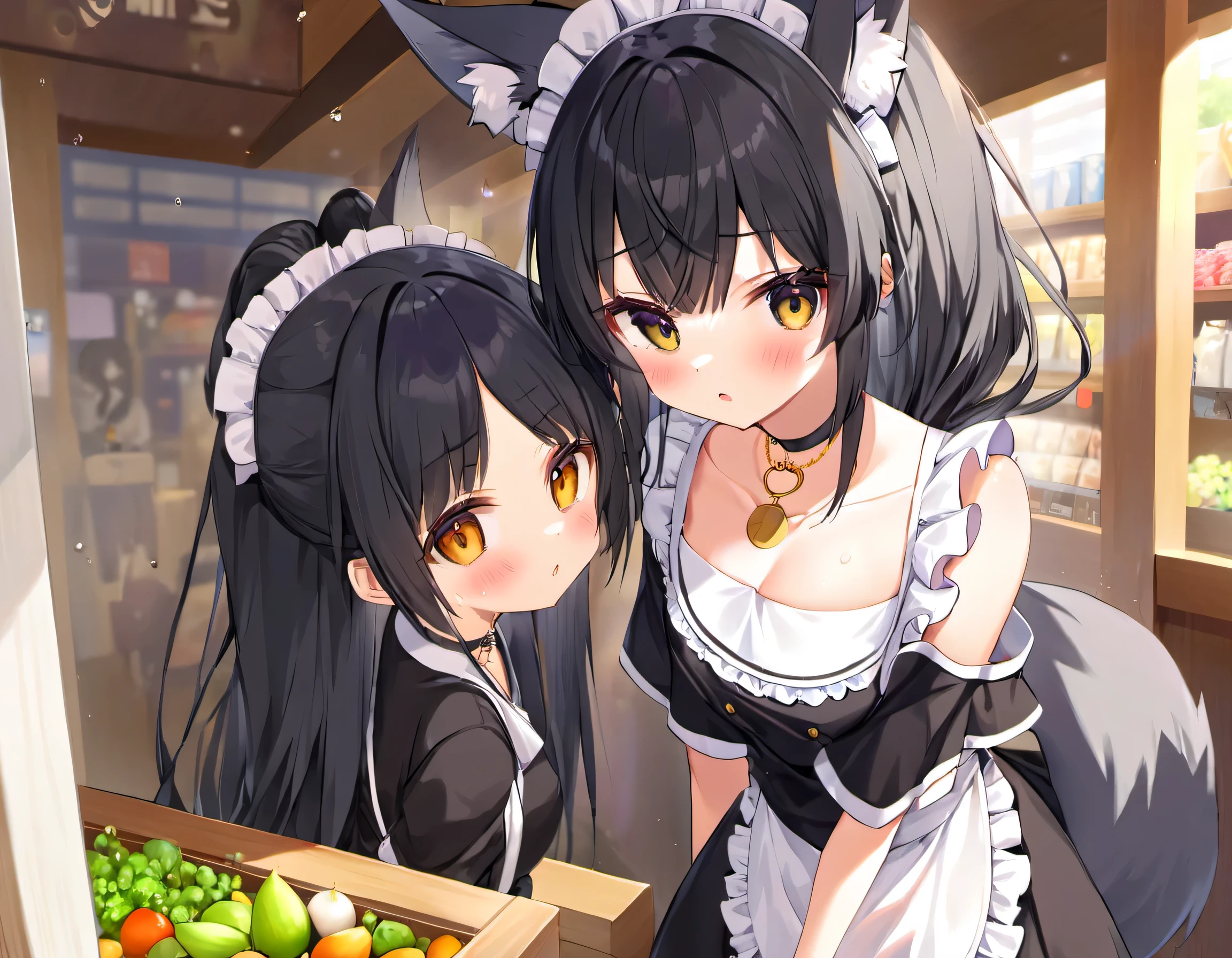 (Two Japanese girlasterpiece, 最high quality, high quality, High precision,Highly detailed 8K wallpapers、School festival、Obedient、Pure、（Maid Takoyaki Shop）、Maid clothes、Shoulder-baring orthodox maid、Sweat、（girl、Slender body、hair ornaments、Fox Ears、Black Hair、Shortcuts、Hair that grows to the shoulders、Slimming、Beautiful belly、beautiful、beautiful girls、choker）、((Child body type、Short))、（Short Girl、she、childhood friend）、high school student