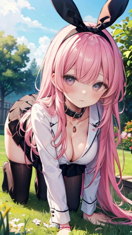 、、Shyness、blush、naked、全naked、、panties、;Don&#39;t wear skirts、pantiesだけ、ピンクのpanties、garden、grass、Being kept、Dog collar、Obedience、Scrounge、High resolution、Full HD、8K quality、On all fours、From before、Cleavage、Big Ass、Big 、Big Breasts、Droopy eye、、hairless、excited、、Embarrassing、Uniform Blazer、Incredibly beautiful eyes、Black tights with pink lines、Pink Hair、Let your hair down、Straight hair、Long Hair、Black headband、Lower body exposed、Take off your skirt、Without skirt、I don&#39;t wear skirts