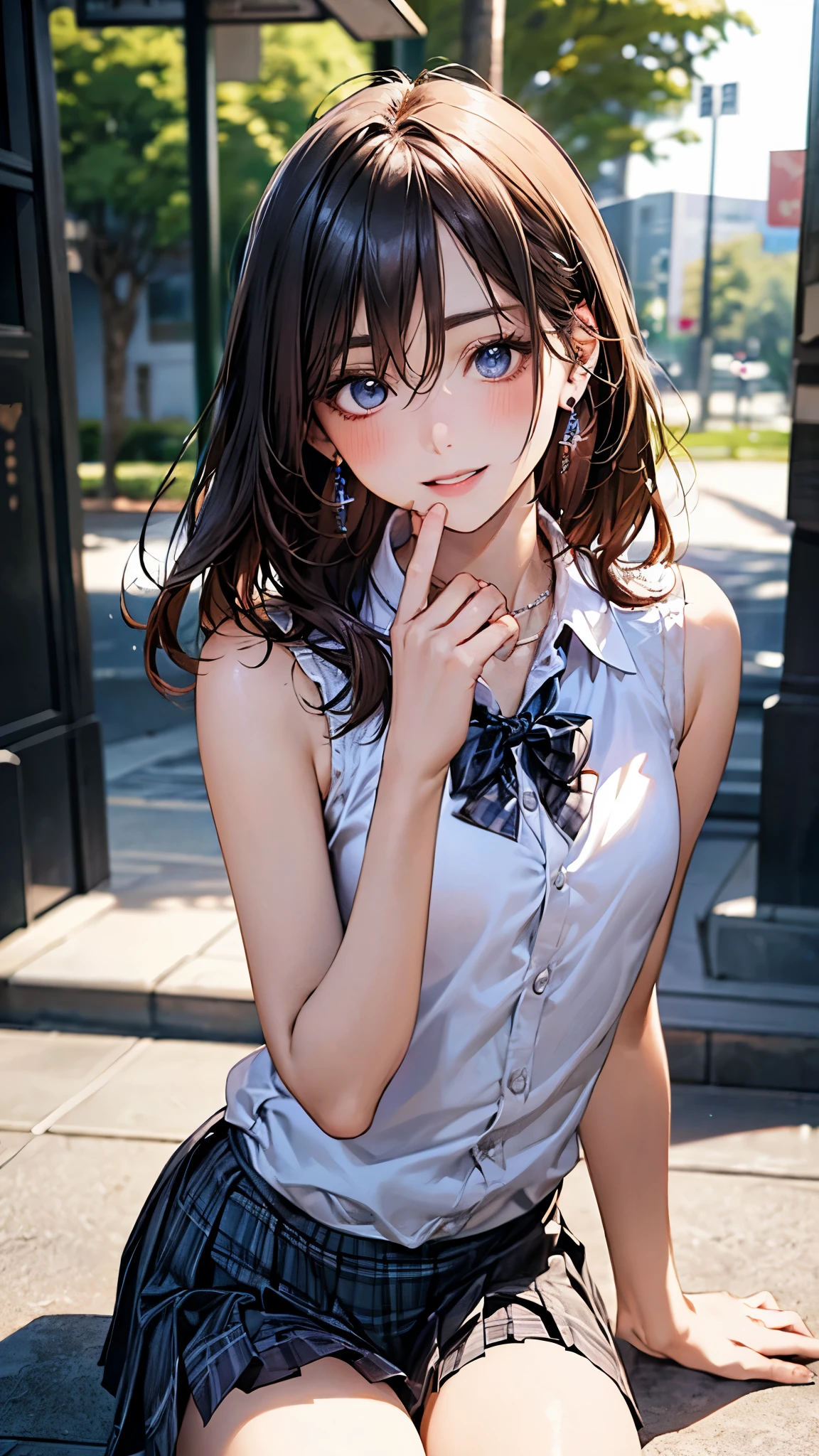 (masterpiece:1.2, top-quality), (realistic, photorealistic:1.4), beautiful illustration, (natural side lighting, movie lighting), ,
looking at viewer, (face focus, upper body), 1 girl, japanese, high school girl, perfect face, perfect hands, babyface, (perfect anatomy:1.4), cute and symmetrical face,
(medium hair, straight hair, maroon hair), hair between eyes, dark blue eyes, slant eyes, long eye lasher, (medium breasts), slender, white skin, shiny skin, outstanding style,
beautiful hair, beautiful face, beautiful detailed eyes, beautiful clavicle, beautiful body, beautiful chest, beautiful thigh, beautiful legs, beautiful hands,
(detailed cloth texture, small earrings, necklace, (sleeveless white collared shirt, checkered black pleated skirt), stockings, high heels), bow tie,
(beautiful scenery), evening, (park), sitting, (hand in own hair), (lovely smile, upper eyes, parted lips),