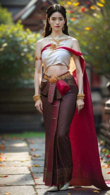beautiful girl ,Thai women&#39;warrior, walking at thai measure, dynamic poses, Thai Chat Set, long hair,black eyes, Strapless shirt, abdominal muscles, thin body, rounded chest, (big breast:1.3), rift, small thighs, Long legs, morning sun, staring at the audience, (sexy poses), ((face details)), Double eyelids, that is finished, realistic, Masterpiece, qualityสูงสุด, lens flare, shade, old measure, measure, [[Chromatic aberration]], HDR, high contrast, Covered in a long thin sash, Beautiful figure, (realistic:1.3), Crazy details, quality, (Masterpiece:1.2), (ภาพrealistic:1.2), (qualityที่ดีที่สุด), (Beautiful skin:1.3), (There are complicated details...), Ray tracing, ((Full body)), ((ผู้หญิง 1 person)), (((1 person))), Age 18-20 years, ((long hair, for a very long time., ปล่อยlong hair)), smile, red tank top, white coat, red striped skirt., Contrasting colors with dresses and skirts..., Show off your pretty shoulders..., skirt pattern, earring, necklace, Javanese jewelry, (blurred background), riftของเต้านม, big breast, Beautiful breasts, Big breast augmentation, gigantic size, The legs are proportionate., white skin, charming, ultimate beauty, Bend over