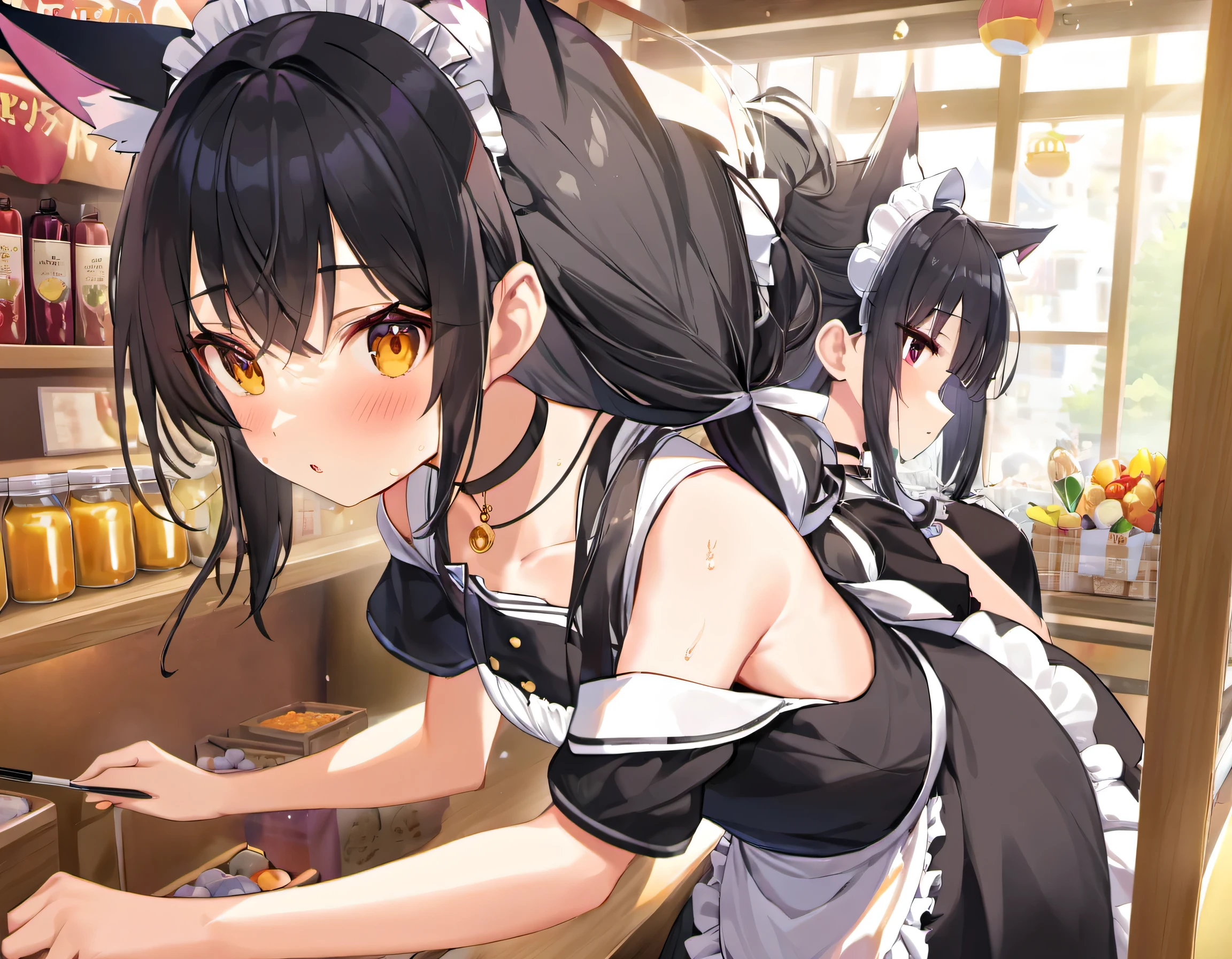 (Two Japanese girlasterpiece, 最high quality, high quality, High precision,Highly detailed 8K wallpapers、School festival、Obedient、Pure、（Maid Takoyaki Shop）、Maid clothes、Shoulder-baring orthodox maid、Sweat、（girl、Slender body、hair ornaments、Fox Ears、Black Hair、Shortcuts、Hair that grows to the shoulders、Slimming、Beautiful belly、beautiful、beautiful girls、choker）、((Child body type、Short))、（Short Girl、she、childhood friend）、high school student