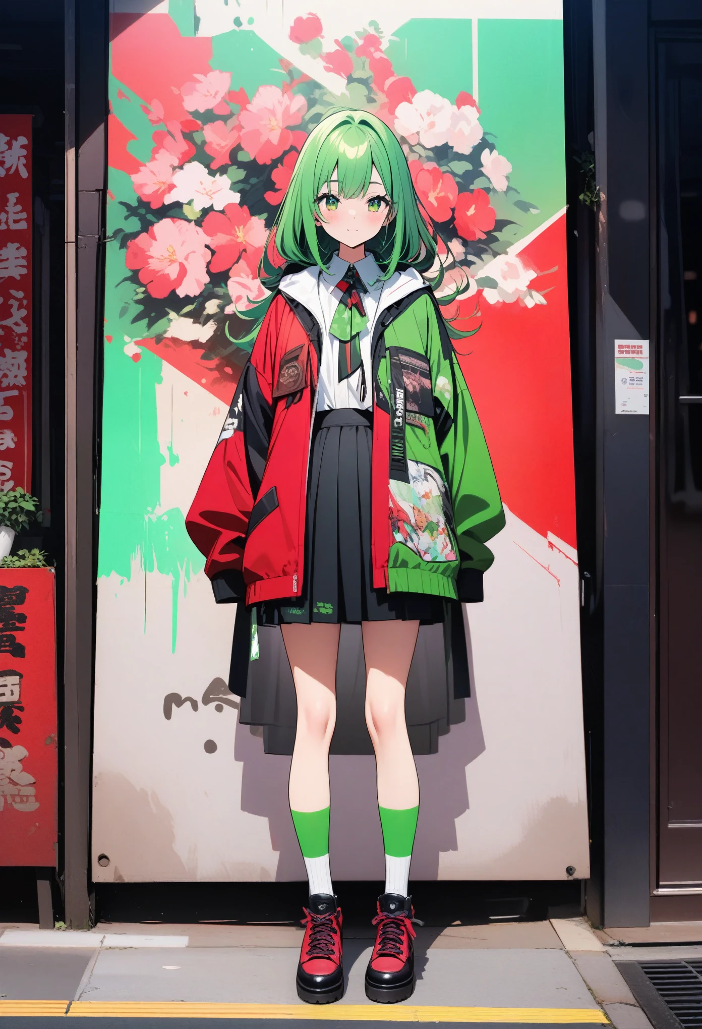 Full body picture、 Red and green color matching beautiful girl standing poster wearing skirt