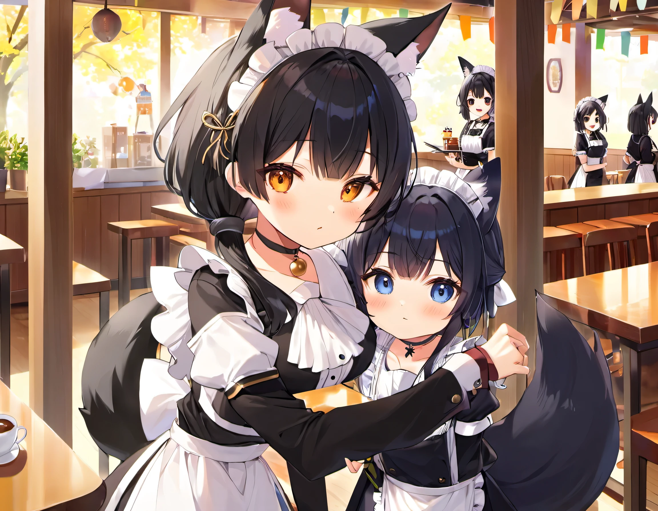 (Two Japanese girlasterpiece, 最high quality, high quality, High precision,Highly detailed 8K wallpapers、School festival、Obedient、Pure、（maid Cafe）、Maid clothes、Orthodox maid、（girl、Slender body、hair ornaments、Fox Ears、Fox&#39;s Tail、Black Hair、Shortcuts、Hair that grows to the shoulders、Slimming、Beautiful belly、beautiful、beautiful girls、choker）、((Child body type))、（Short Girl、she、childhood friend）、high school student