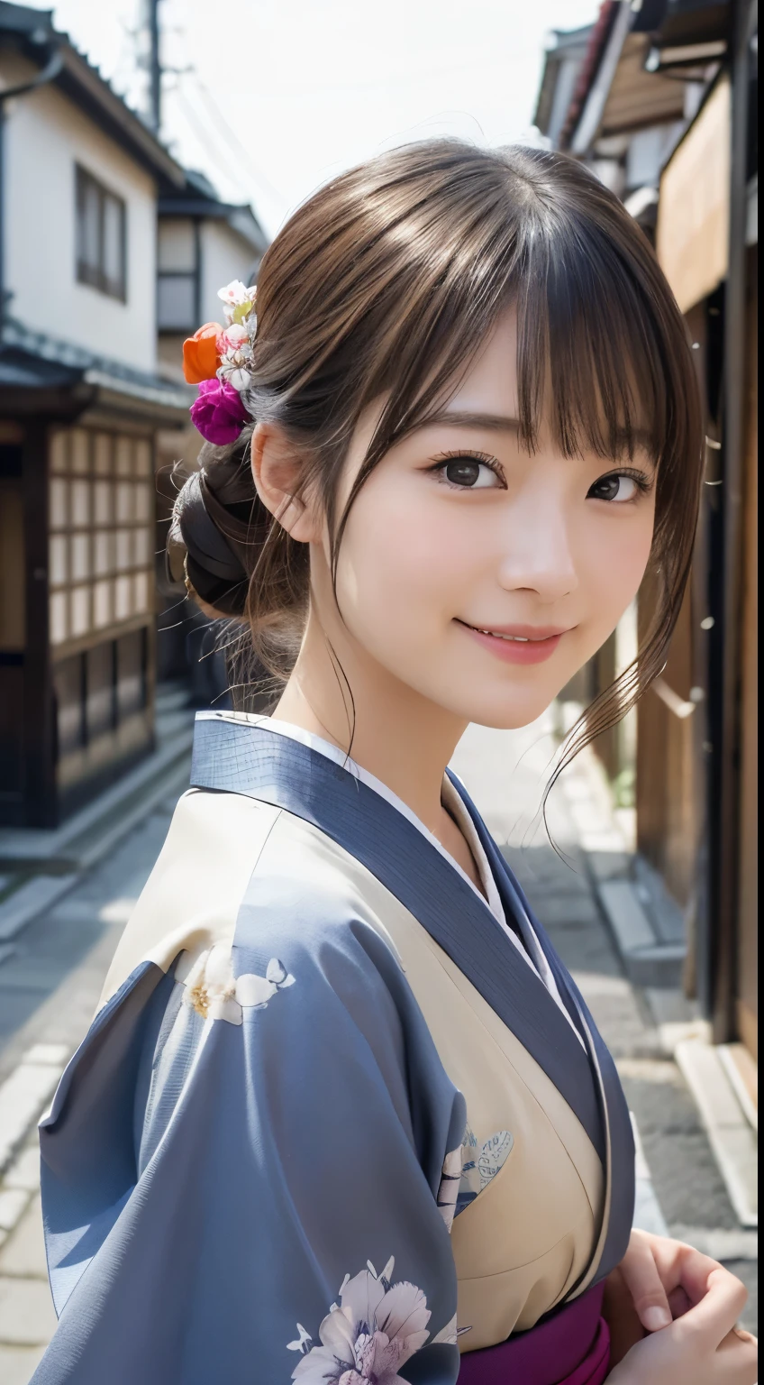 Professional Lighting,(Photorealistic:1.4), (Top image quality:1.0), (超A high resolution:1.0), 8k, Raw photography, (masterpiece:0.2), (Facing the children_v1:0.5)、(最高quality Detail:1.2)、Realistic、8K Ultra HD、High resolution、(1 girl:1.2)、超detailedな、High quality textures、複雑なdetailed、detailed、Very detailed CG、High quality shadows、detailed 美しく繊細な顔、Beautiful details and a delicate eye、(Symmetrical eyes:1.2),Written boundary depth、Ray Tracing,1 girl, Japanese Girls, (Natural smile:1.4),cute, thin, Portrait of a beautiful Japanese woman wearing a kimono, Standing elegantly on a street corner in Kyoto. Kimono with vibrant traditional patterns, Hair decorated with elegant and delicate hairpins, Gentle expression. (With the old streets of Kyoto in the background:1.4)、The soft light of a spring afternoon、Adding tranquility to the scene. Rendered in a Realistic style with great attention to detail, High resolutionの画像.Sky Porn, Magic Hour, (Realistic:1.3), finely, quality, (Tabletop:1.2), (Realistic:1.2), (最高quality), (複雑なdetailed), dramatic, Ray Tracing, photograph, +roller
