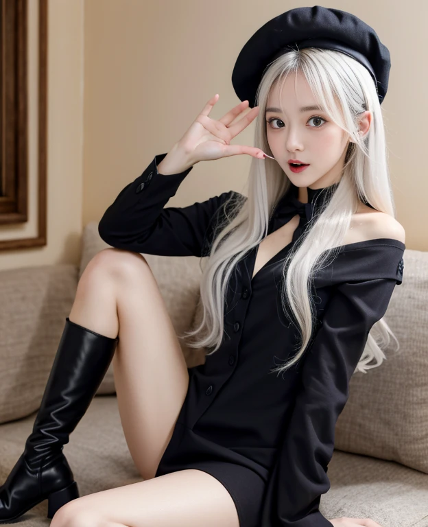tmasterpiece, Best quality at best, ahoge, Hair over the shoulder, long white hair, blush of nose, Gothic_Lolita, beret, hand_To_Mouth,thigh boots,Absolute realm,upper legs,thigh boots,full bodyesbian,Correct legs