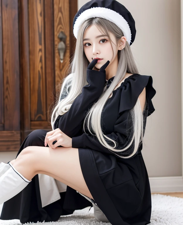 tmasterpiece， Best quality at best， ahoge， Hair over the shoulder， long  white hair，  blush of nose，  Gothic_ta， beret， hand_To_Mouth，thigh boots，Absolute realm，upper legs，thigh boots，full bodyesbian，Correct legs