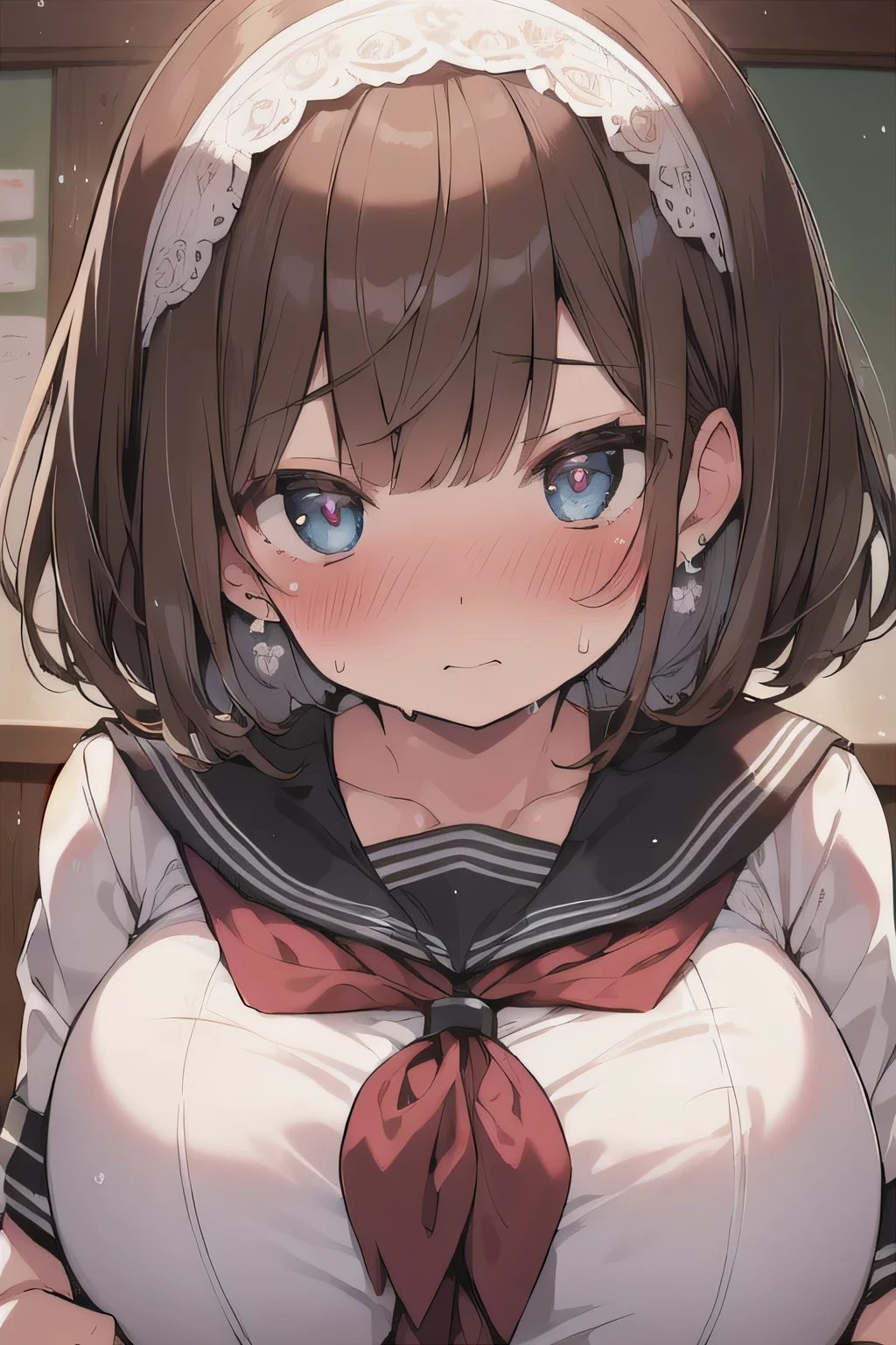 (best quality), (Super detailed), (Best Illustration), (1woman), look at viewer, (serafuku), (Big Breasts:1.2), {brown hair, (bob cut:1.2), curly hair, hairs between eyes}, {(detailed eyes), heart-shaped pupils, blue eyes}, blush, sweat, steam, earrings, white flower hairband, school