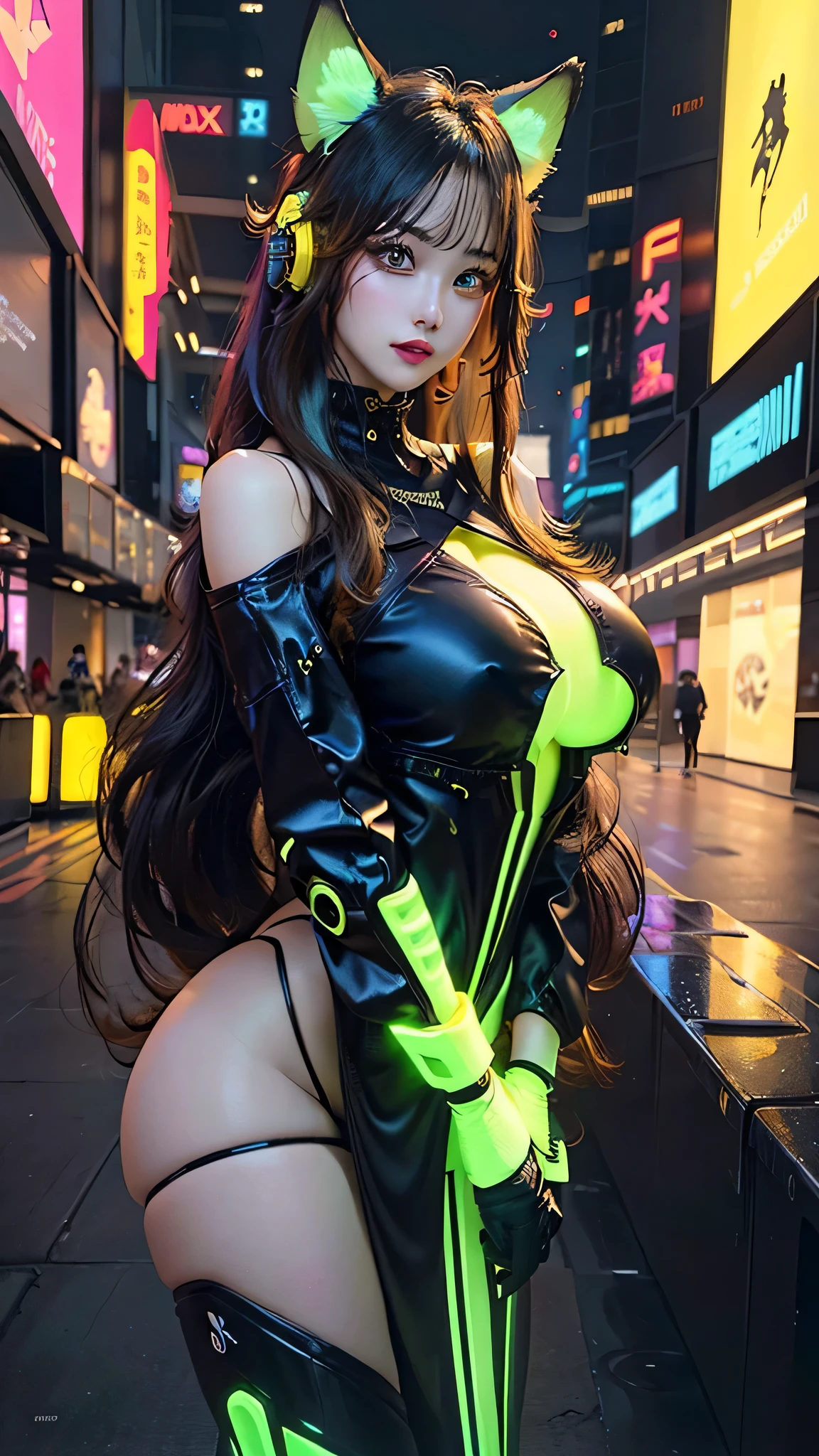 Gorgeous girl, big breasts, big ass, thin waist, Open legs, High facial detail, futuristic sexy costume, cyberpunk, yellow very long hair, city of the future, hologram, Neon lighting, ultra detailed, a high resolution, masterpiece, high quality, a high resolution, Fox ears,