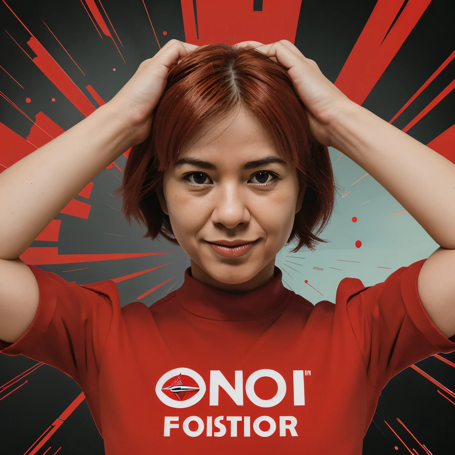 comic style, red worker tearing eon logo