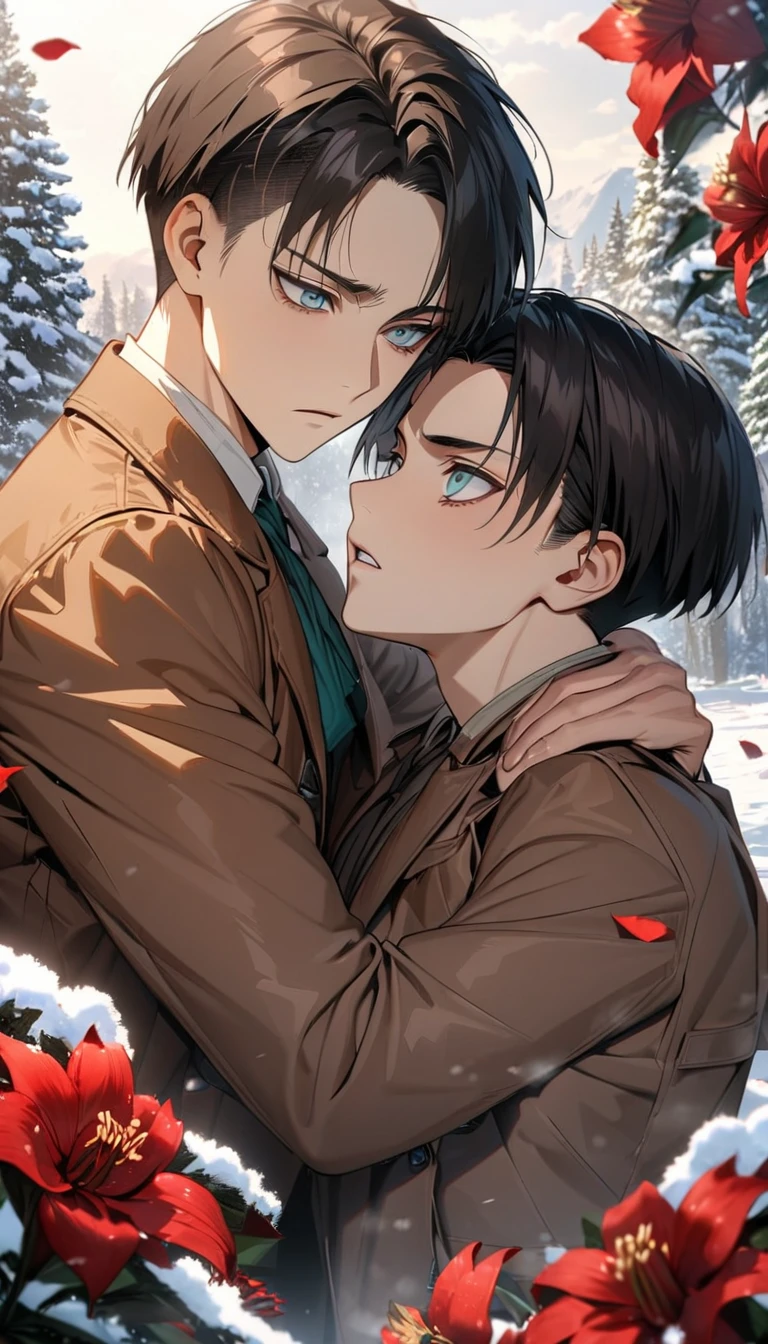 absurdres, highres, ultra detailed, HDR, masterpiece, extremely detailed face and eyes, Eren Yeager, brown hair, expressive turquoise eyes, Attack On Titan, Levi Ackerman, black hair, expressive grey eyes, two men together, sexy gay couple, very handsome, winter, snow, trees, red lilies, petals, brown jacket