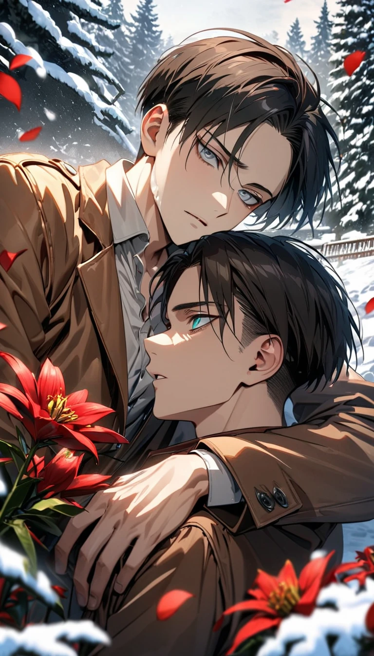 absurdres, highres, ultra detailed, HDR, masterpiece, extremely detailed face and eyes, Eren Yeager, brown hair, expressive turquoise eyes, Attack On Titan, Levi Ackerman, black hair, expressive grey eyes, two men together, sexy gay couple, very handsome, winter, snow, trees, red lilies, petals, brown jacket