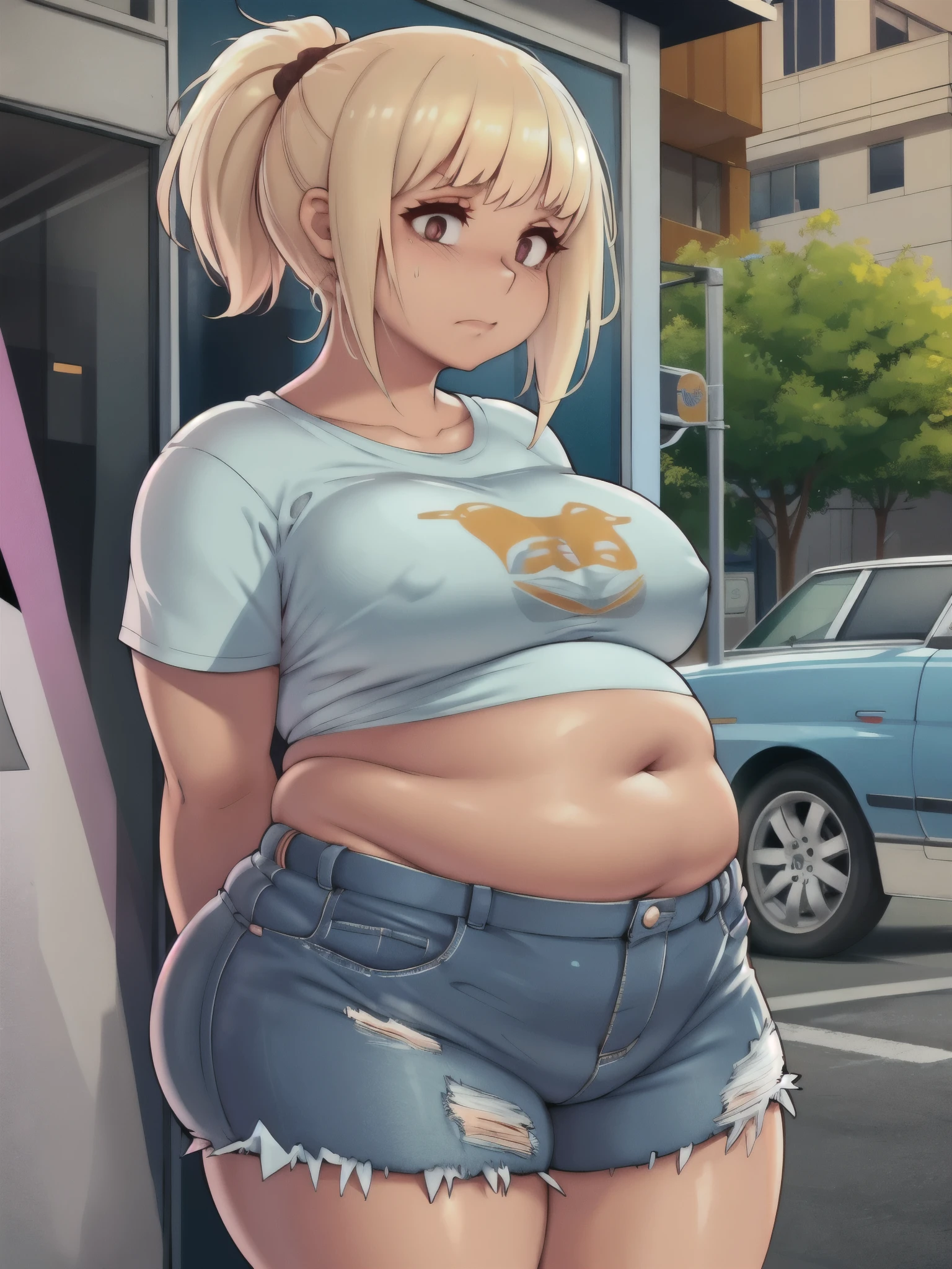 ((highres)), Masterpiece, high quality, best quality, beautiful, perfect lighting, detailed face, ultra cute face, looking at viewer, embarrassed, blushing, 1girl, chubby belly, thick thighs, wide hips, art by kipteitei, blonde hair, short hair, ponytail, shorts, crop top, arms behind back, fast food restaurant,