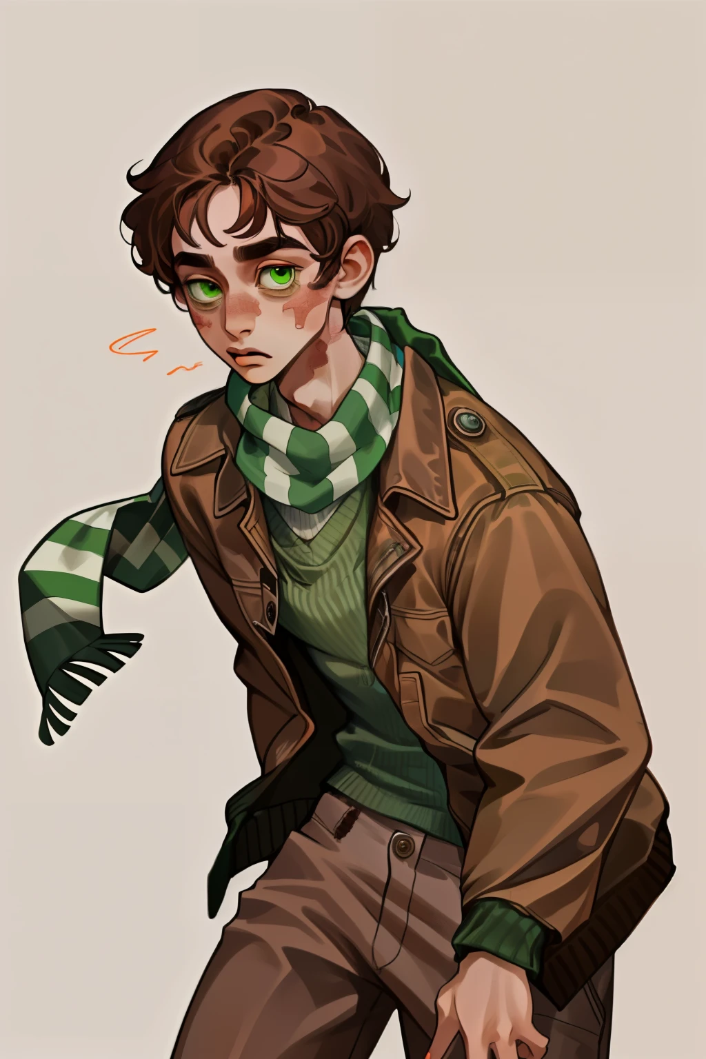 short brown hair, man with scarred face, green eyes, stitches, striped scarf,green shirt, brown jacket, brown pants,aroused, simple background
