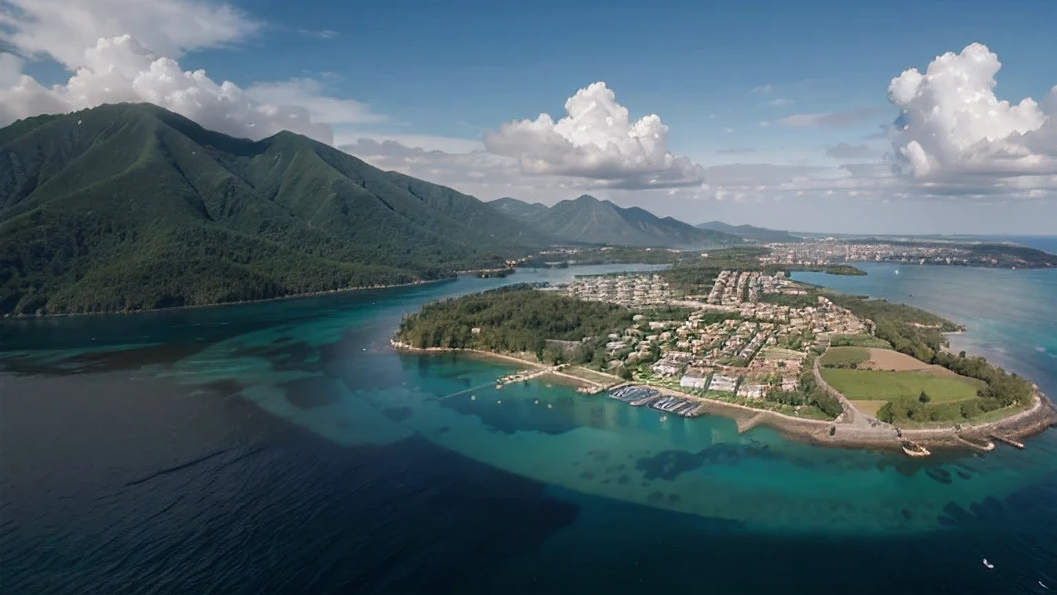 photo panoramic, a town on a small island, cielo azul con algunas nubes, f/16, 135mm, Sony FE GM, Nikon, 360 view, first-person view, cinematic lighting, reflection light, ray tracing, high quality, 8k, 16k, highres, best quality, award winning, high details, super detail, masterpiece