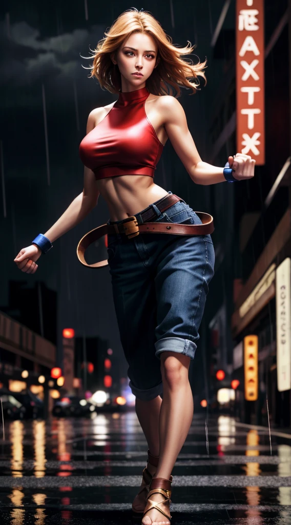 30 year old woman, alone, athletic, by the semi-cut ruby, she is wearing a tight red crop top, he wears blue jogger pants, has two belts, one small and the other a large belt hanging from his brown waist., wears blue fingerless gloves , he wears brown boots, smile at the viewer, points at the viewer, There is a little brown dog with white spots with her, high resolution, absurd, intricate, sharp focus, a New York alley in the background, Best Quality, Masterpiece, high resolution, Perfect picture, Very detailed, High contrast, Digital colors, simple, medium shot, cinematographic, ultra sharp focus, award-winning photography, perFect contrast, high sharpness, depth of field, ultra detailed photography, global illumination, fluid, ultra high definition, 8k, unreal engine 5, ultra-sharp focus, award-winning photography, Art Season Trends,
