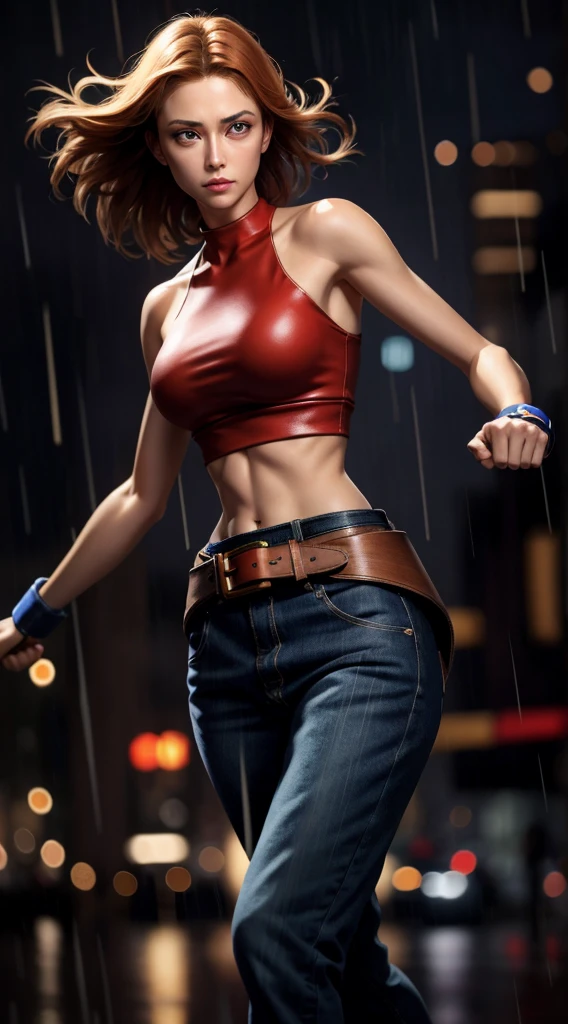 Maryams,best quality,(beauty),masterpiece, 1 Girl,Physically Based Rendering ,Ultra-high resolution,Willow Waist, Skinny,big eyes,Long legs,(Small Breasts),Puffy eyes, night,(rainy city), Glowing skin, For the audience, Fighting Stance, (make a fist),a firm expression,