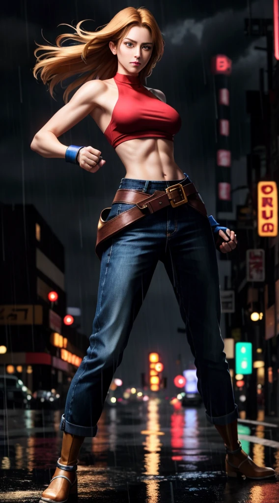 Maryams,best quality,(beauty),masterpiece, 1 Girl,Physically Based Rendering ,Ultra-high resolution,Willow Waist, Skinny,big eyes,Long legs,(Small Breasts),Puffy eyes, night,(rainy city), Glowing skin, For the audience, Fighting Stance, (make a fist),a firm expression,