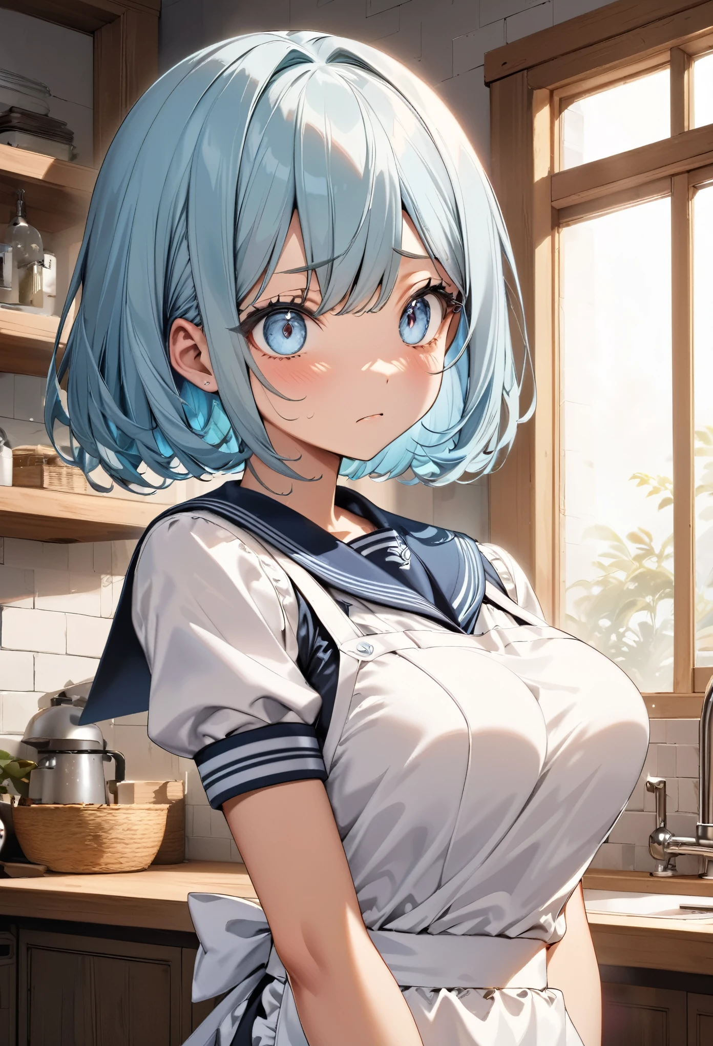 18 year old beautiful girl, Big eyes, Large Breasts, Small and slim, 8k, highest quality, (Highly detailed head: 1.0), (Highly detailed face: 1.0), (Very fine hair: 1.0), Maid Apron,Jersey,Sailor collar, Highly detailed official artwork, Anime Moe Art Style, Beautiful and detailed anime art, Light blue hair, Bobcut,Confused eyes,Asymmetric facial hair,Pink Mesh
