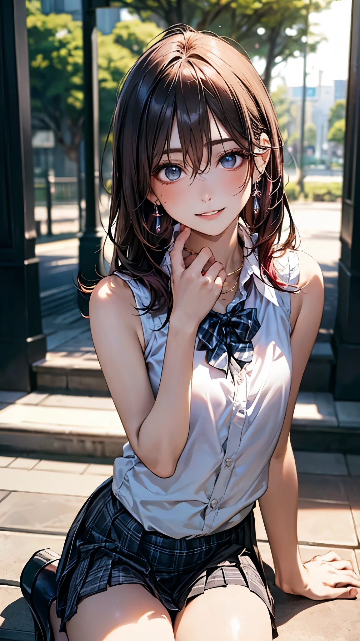 ((Masterpiece)), ((best quality)), (High Definition:1.3), (Professional Photography:1.2), best quality, 8K, Textured skin, cinematic lighting, 1girl, wide-shot, (White front-knotted shirt:1.3), cleavage, exposed neck, (open-necked shirt), (Cute innocent teenage girl), slendar body, small breast, glossy medium hair, (short braided hair), (Wearing tutu skirt), beautiful collarbones, (exposed stomach), cat ears, pale brown hair, innocent posing, (naughty smile), Beautiful and clear waterside, Hair that flutters in the wind