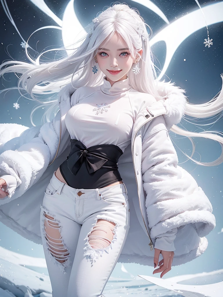 1 woman with a beautiful face, sweet smile, white hair, black eyes, white skin, pink mouth, wearing snowflake pattern earrings, black long-sleeved coat, floating waist, white undershirt, jeans, blue sneakers.
