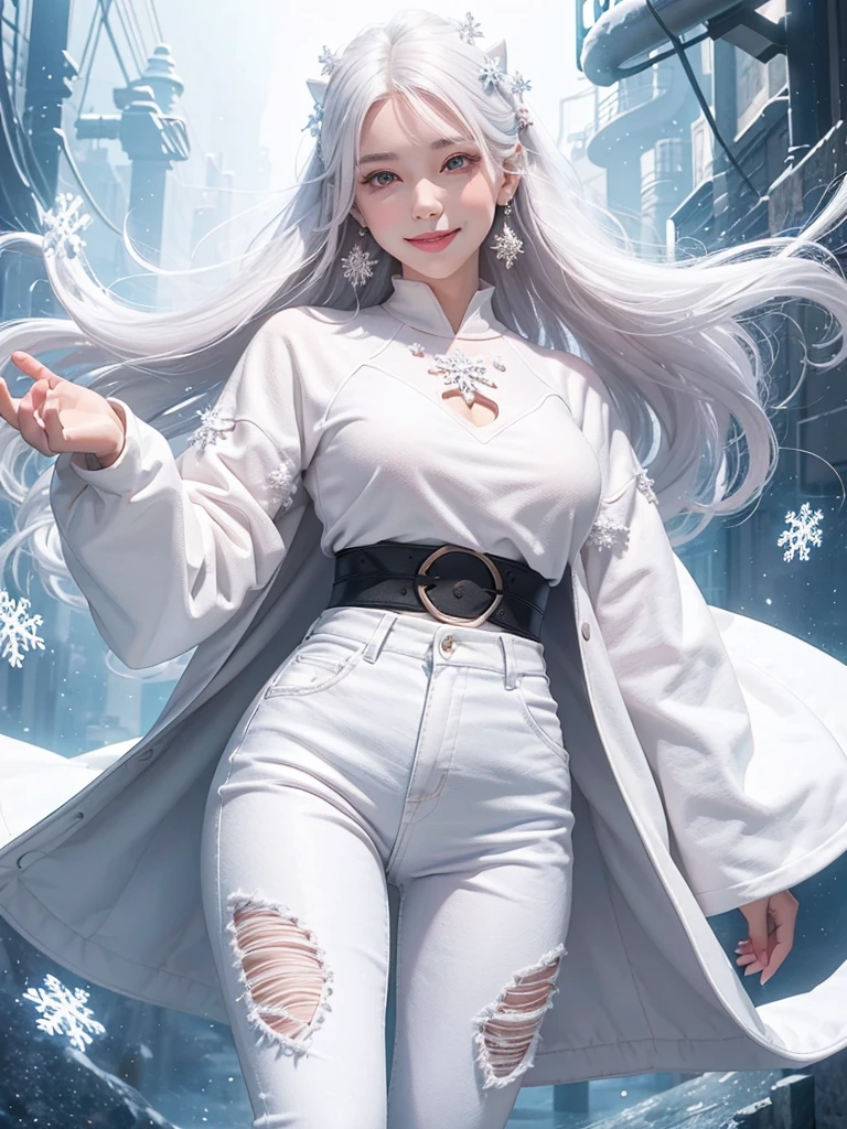 1 woman with a beautiful face, sweet smile, white hair, black eyes, white skin, pink mouth, wearing snowflake pattern earrings, black long-sleeved coat, floating waist, white undershirt, jeans, blue sneakers.