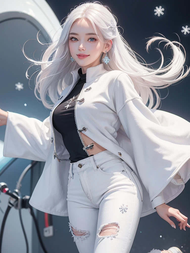 1 woman with a beautiful face, sweet smile, white hair, black eyes, white skin, pink mouth, wearing snowflake pattern earrings, black long-sleeved coat, floating waist, white undershirt, jeans, blue sneakers.