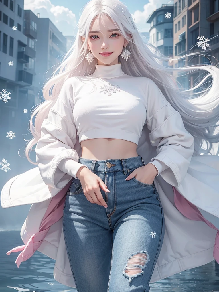 1 woman with a beautiful face, sweet smile, white hair, black eyes, white skin, pink mouth, wearing snowflake pattern earrings, black long-sleeved coat, floating waist, white undershirt, jeans, blue sneakers.