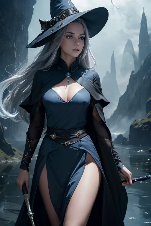 (master piece:1.8), (best quality:1.8), (exquisite lighting and shadow, highly dramatic picture, cinematic lens effect) 8k, wallpaper, one hand pointing the sky, looking at the viewer, female long silver hair waving in the air dark fantasy young witch lady wearing a futuristic dark gray large tunic with white lines and very long tunic sleeves, large dress, with a big gray pointy magician hat with a big blue gem in the center, high heels, holding a middle magic staff, thin waist, notorious hips, serious look in the eyes, beautiful eyes, beautiful lips, blue energy lake behind, blue mist, blue stars, blue energy spots behind, ethereal lightning, sharp focus
