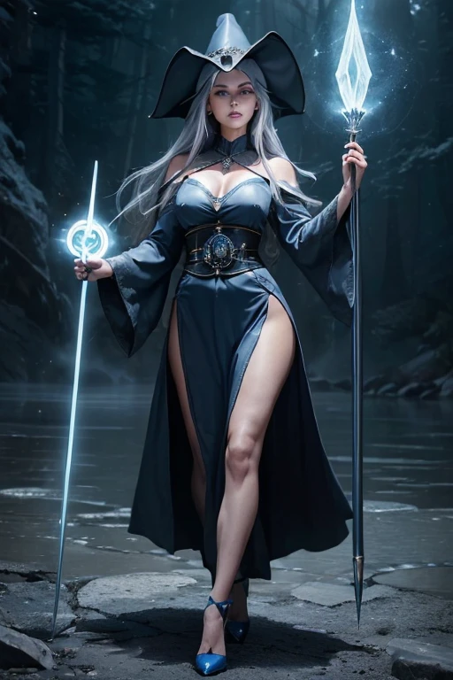 (master piece:1.8), (best quality:1.8), (exquisite lighting and shadow, highly dramatic picture, cinematic lens effect) 8k, wallpaper, one hand pointing the sky, looking at the viewer, female long silver hair waving in the air dark fantasy young witch lady wearing a futuristic dark gray large tunic with white lines and very long tunic sleeves, large dress, with a big gray pointy magician hat with a big blue gem in the center, high heels, holding a middle magic staff, thin waist, notorious hips, serious look in the eyes, beautiful eyes, beautiful lips, blue energy lake behind, blue mist, blue stars, blue energy spots behind, ethereal lightning, sharp focus
