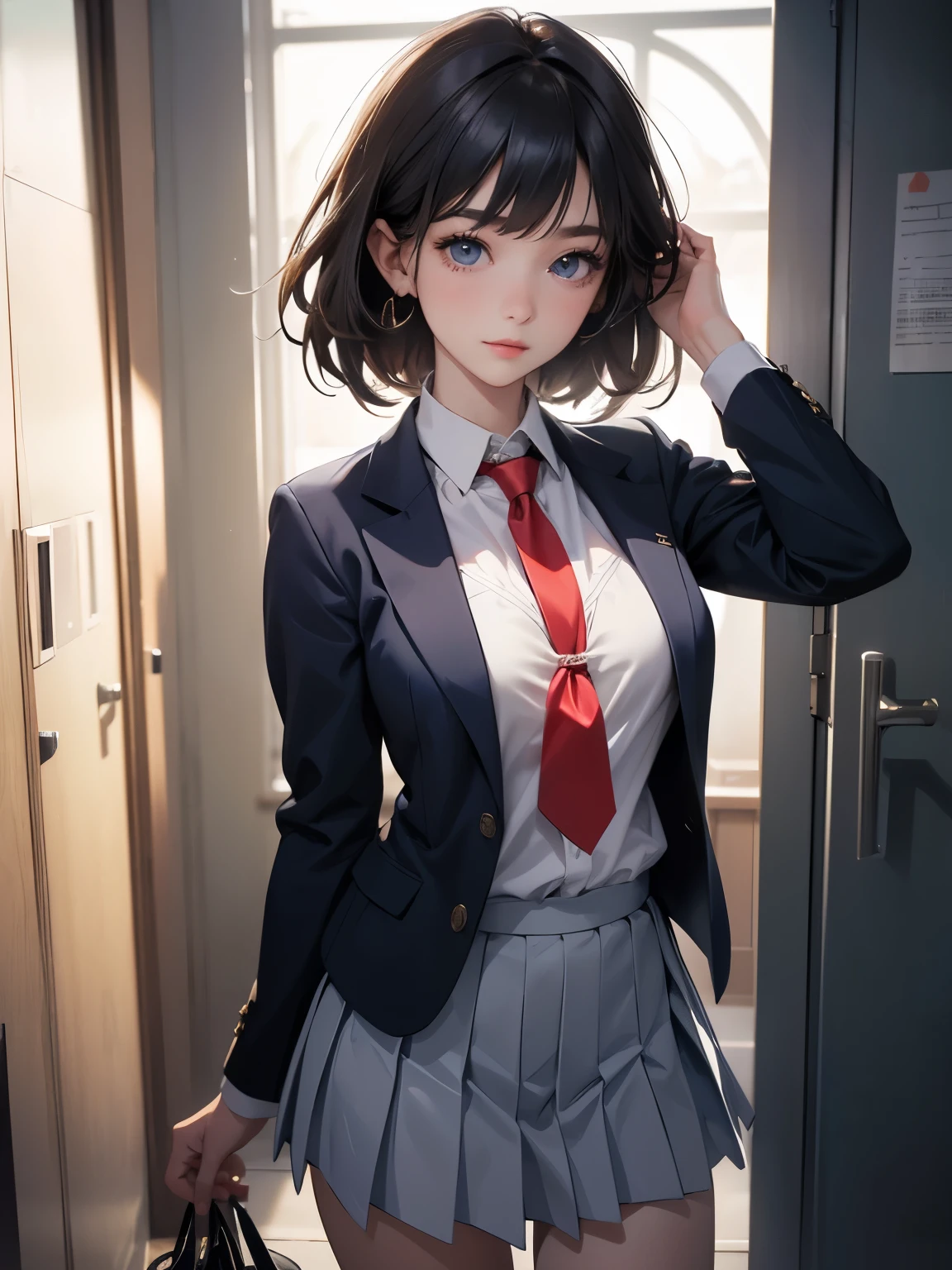 8k, highest quality, The real picture, Intricate details, Very detailed, Ultra-high resolution, Depth Field,(Realistic,Realistic:1.2),Tabletop , Front shot , From the center , 1 girl, eye_Chan, Very beautiful 17 year old girl, 無邪気な大きなeye,、Beautiful breasts:1.5、Very detailedなeye:1.2)、(Beautiful breasts:1.1)、Wavy Hair、short hair、bangs、, Perfect Skin, Fair skin, Cleavage, Small breasts,Tight waist, Lightly reddish, alone、 (Looking at the audience)、A light smile、((School_uniform),(Dark Blue Blazer), (White shirt、Wear a tie), (Grey pleated skirt), (Sculptural installation :1.1))、High School Hallway