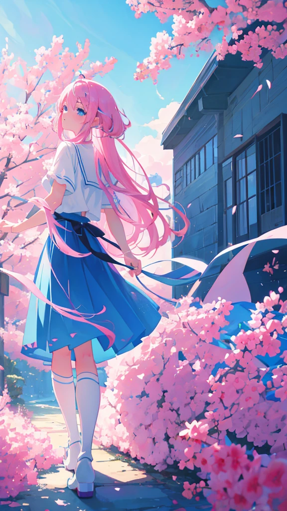 Pink hair anime girl,blue eyes, Blue long skirt，White，Popular on artstation pixiv, Digital art on pixiv, anime art wallpaper 8 k, Anime Art Wallpaper 4K, anime art wallpaper 4k, Highest rated on pixiv, beautiful anime artwork, pixiv contest winners