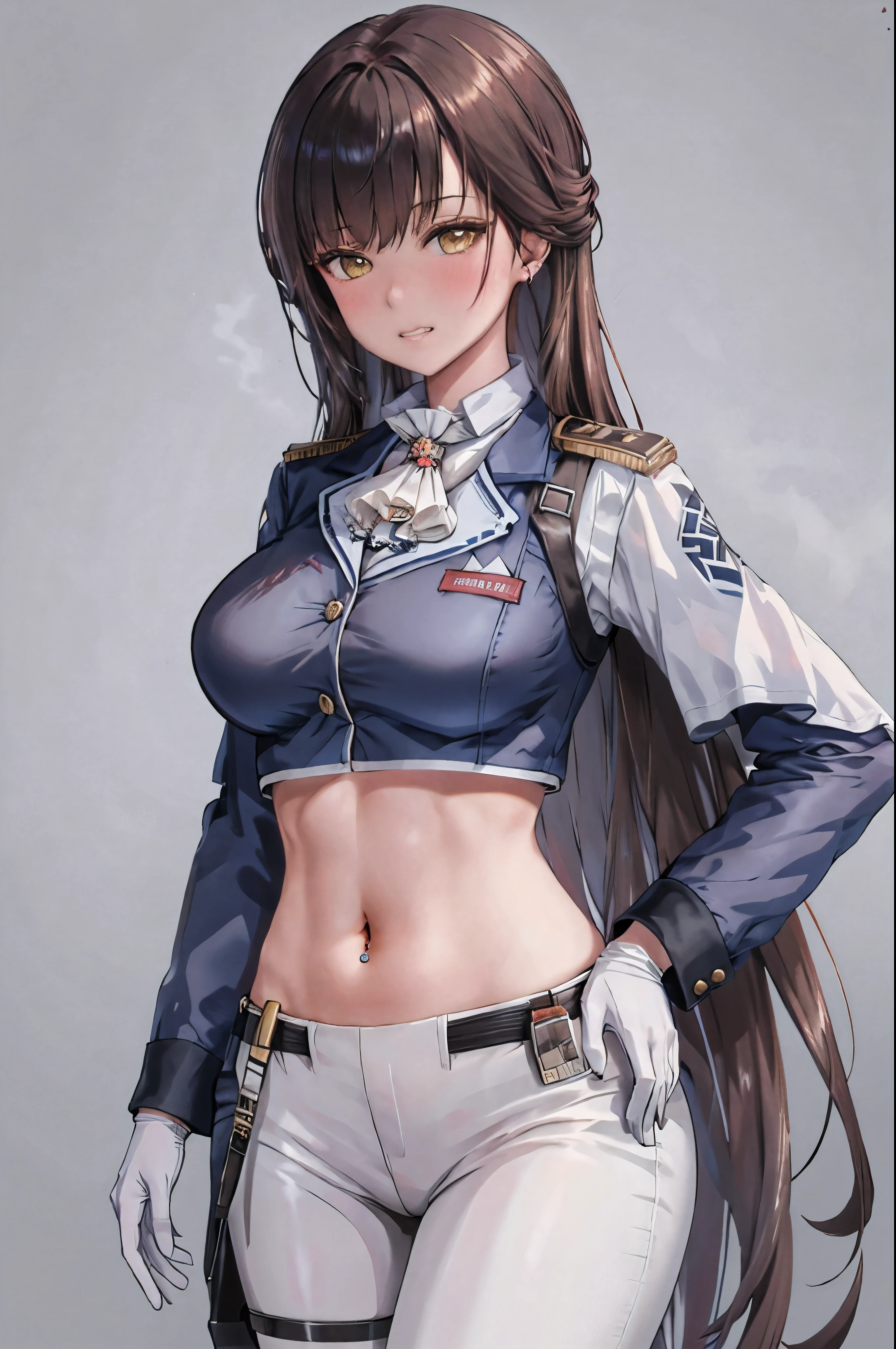 1girl, solo, long hair, looking at viewer, blush, (large breasts,wide hips), brown hair, shirt, black hair,  long sleeves, white background, navel, brown eyes, very long hair, underwear, yellow eyes, cowboy shot, teeth, midriff, pants, white gloves, stomach, bra, crop top, hand on hip, ascot, piercing, blue jacket, clenched teeth, black bra,marciana \(nikke\),shiny skin,(mature female:1.2), 