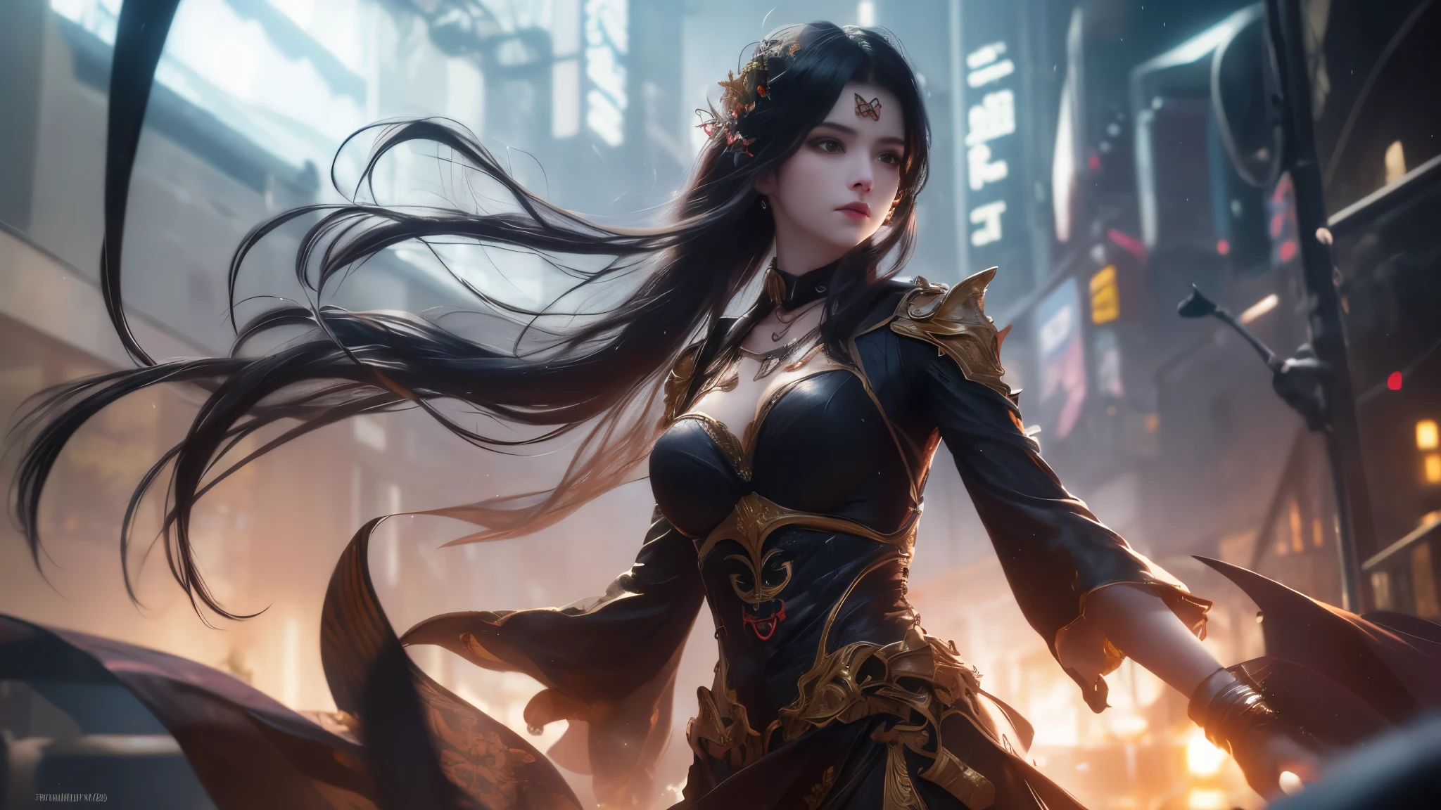 (8K, Best Quality, Masterpiece:1.2), (Realistic, Photo Realistic:1.37), Ultra Detail, Best Quality, Ultra High Resolution, Professional Lighting, Photon Mapping, Radio City, Physically based rendering, Cinematic lighting, pedestrian street, Depth of field in rain, Sharp focus,Sunbeams, good composition,(Bokeh:1.2) 1girll,Solo,(see close up), Beautiful detailed eyes, Cold face, Posture, Narrow waist, ???????????, (Random colorful clothes), Black hair, Messy hair, long hair floating in the wind, (Ulzzang- 6500:1.2)