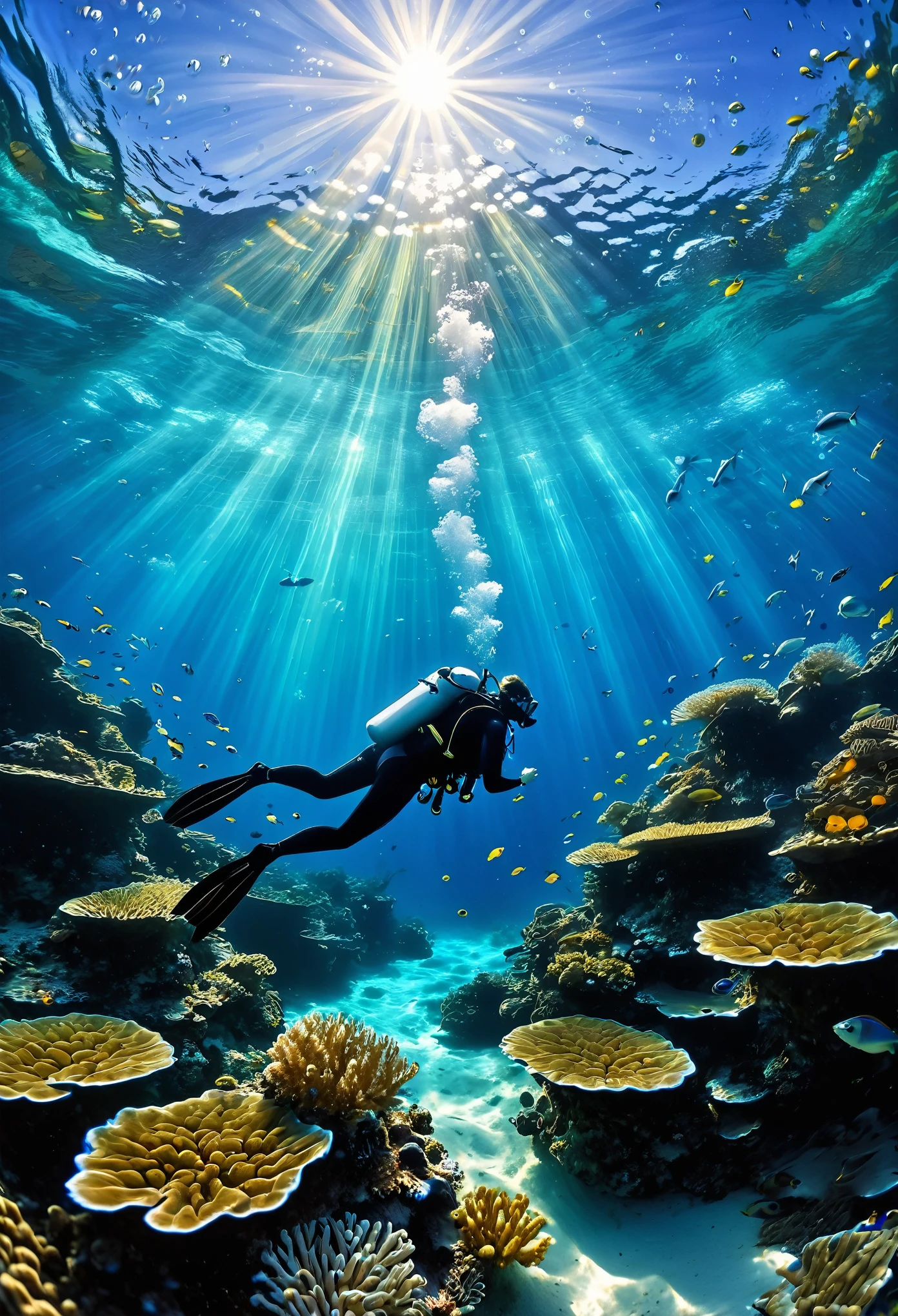 best quality,8k,ultra-detailed,realistic,(diving:1.2),underwater,ocean,beautiful detailed eyes,water splashing,diver in action,coral reefs,colorful marine life,sun rays through water,serene atmosphere,stunning blues,luminous underwater world,vibrant colors,shimmering scales,fish swimming gracefully,depth and dimension,majestic underwater landscape,peaceful and tranquil scene,diver's perspective,adventurous exploration,diving equipment,rippling water surface,bubbles,fluid motion,weightlessness,underwater flora and fauna,hidden treasures,diver's excitement and adrenaline rush,submerged beauty,marvel at the wonders of the deep,exhilarating dive into the unknown,pure serenity in the depths of the sea