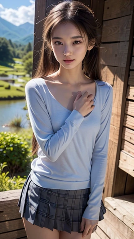(masterpiece:1.3, highest quality, Ultra-high resolution, Super detailed), (Realistic:1.1, photoRealistic:1.4), Beautiful illustrations, Perfect lighting, colorful, Depth of written boundary, Beautiful detailed hair, Beautifully detailed face, Beautiful fine details, Beautiful clavicle, Beautiful body, Beautiful breasts, Beautiful thighs, Beautiful feet, Beautiful fingers, View your viewers, 1 girl, Japanese, high school girl, Perfect Face, (Perfect Anatomy, Anatomically correct), Cute and symmetrical face, Baby Face, Sunburn, Shiny skin, (Middle Hair:1.5, Twin tails:1.2, Blonde), Asymmetrical bangs, blue eyes, Long Eyelashes, (Medium chest), thin, ((Collared short-sleeved shirt, Light blue shirt, , Grey plaid pleated skirt, Navy them)), No panties, (Beautiful views), evening, (Outdoor, distant cityscape), Are standing, (peace sign), (Cute smile, Cheek blush、Upward glance, Open your mouth), (Opening a girl's pussy:1.3), Occasionally crouches:1.2,Stick your finger in pussy:1.9,((A large amount of pee is sprayed from the vagina)),((Very small, young face and chest)),(Cleavage:1),(very small and flat chest:1.4),
