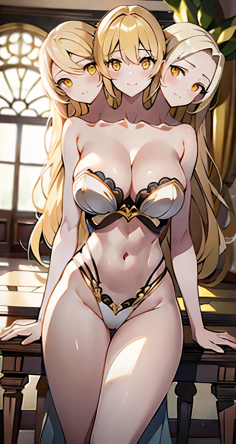(masterpiece),(ultra-detailed), (high quality), (high resolution), (best quality:1.5, highres, UHD), highres, absurdo, ultra detail, ultra quality, Ultra resolution, 16k, 1girl, (3heads:1.5), girl with three heads, golden blonde hair, (((same identical hair color))), black dress, large breasts, cleavage,, charismatic, very shy, carefree, detailed hair,, (detailed glowing golden yellow eyes), Beautiful girl with accentuated slender abs