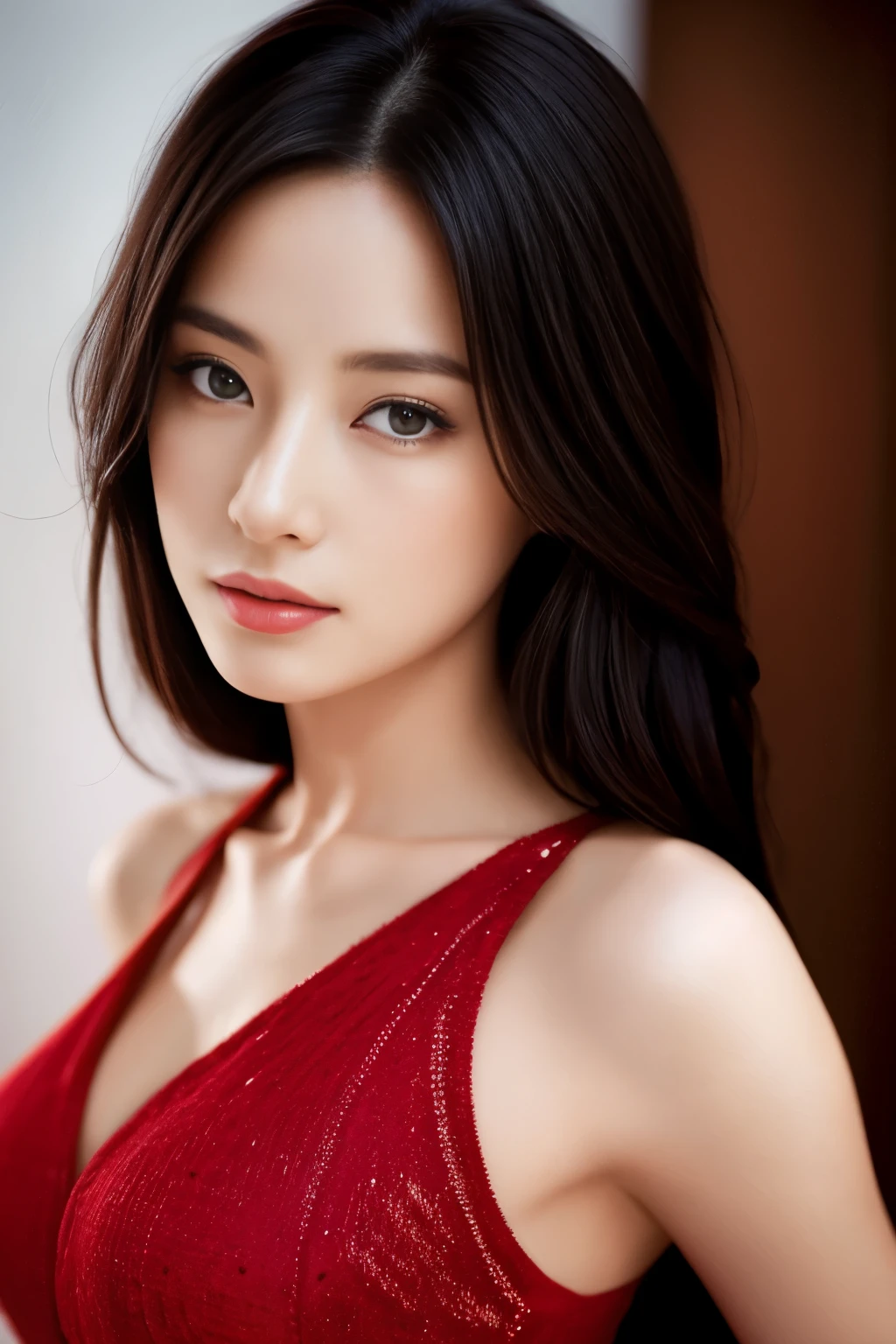 highest quality, masterpiece, 超A high resolution, Photorealistic, Raw photo, ((Beautiful woman)), 22 years old, Detailed face, Beautiful Eyes, (Look into the viewer&#39;s eyes), highest qualityのリアルな質感の肌, Fine grain, Detailed face, Enhances the body line, Enhances the beauty of skin texture, Captivating Bust, Sexy Eyes, Red dress, Queen, Black Hair, Straight Hair, whole body, ((Sexy pose)), ((Attractive pose))