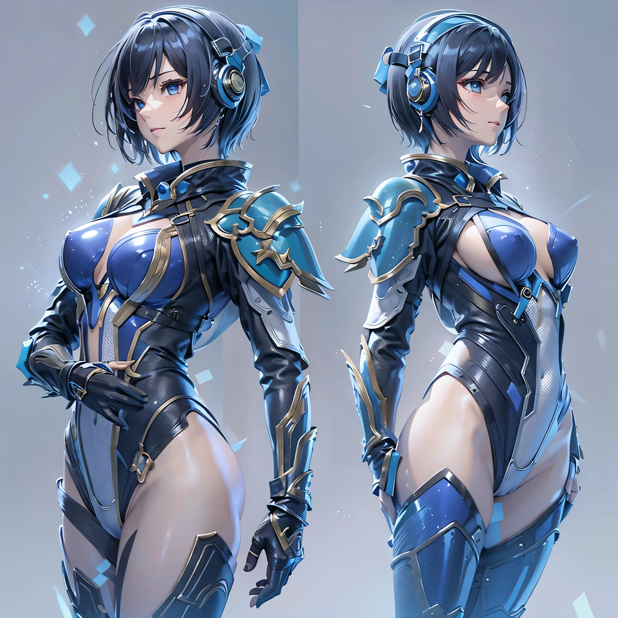 (masterpiece、highest quality、Highest Resolution、Clear_image、Detailed details、Angle from above): (Whole body、One 20 year old girl、Japanese Faces、Small Face、Slender、Navy blue super short bob cut hair、(Hidden small breasts:1.3)、Sparkling blue eyes、Shiny pilot suit in blue and black colors、Chest protection armor、Tight fitting clothes、Clothing that covers the whole body、Glamorous clothes、Tight Fit Pants、Hide your skin、Very delicate and beautiful、Detailed Skin、hide thighs、Hide your ass、Cute、A gentle smile、Soft expression、heroine、headset、Knee-high boots、Elbow-length gloves、Eye Level Shot、Face directly、Woman on a spaceship)