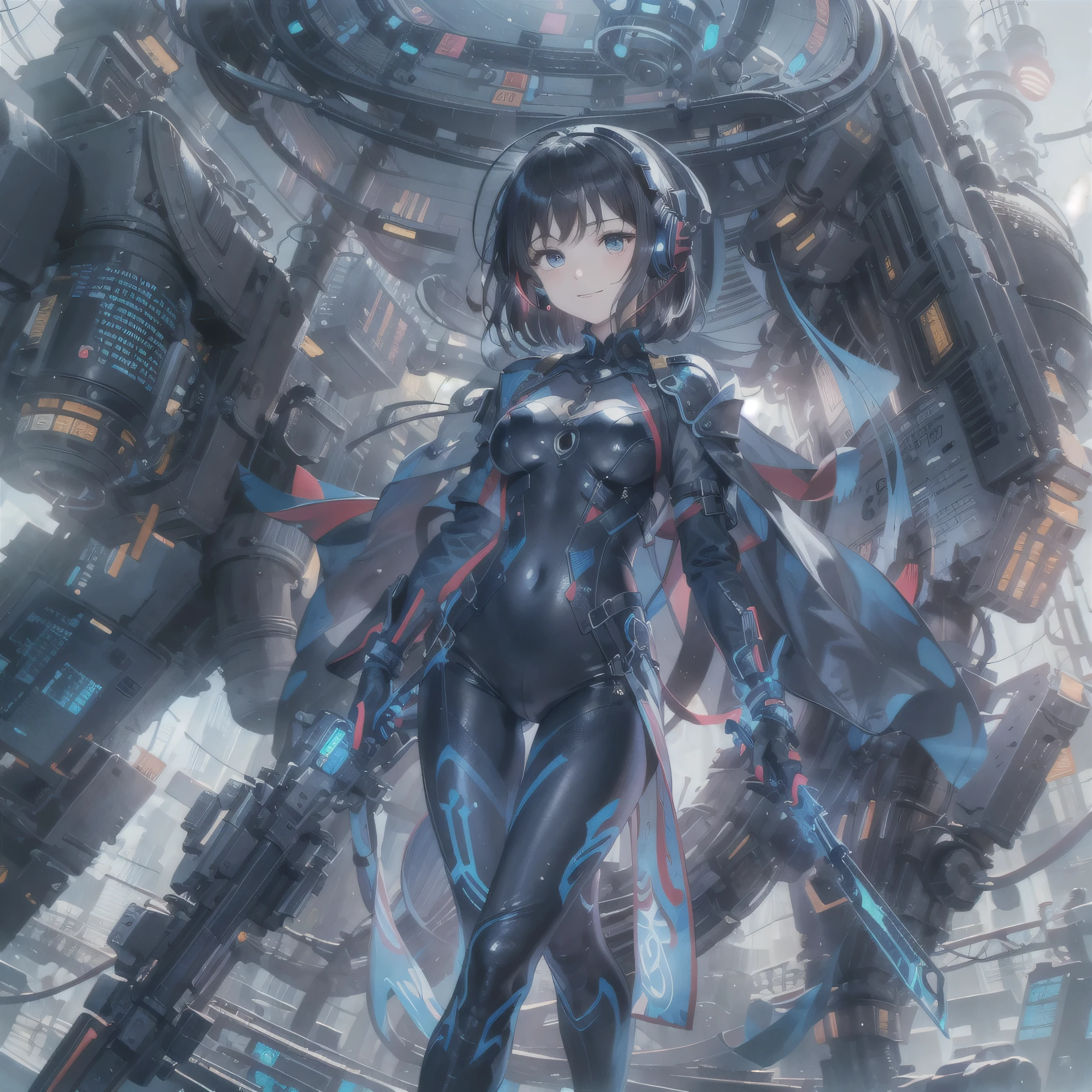 (masterpiece、highest quality、Highest Resolution、Clear_image、Detailed details、Angle from above): (Whole body、One 20 year old girl、Japanese Faces、Small Face、Slender、Navy blue super short bob cut hair、(Hidden small breasts:1.3)、Sparkling blue eyes、Shiny pilot suit in blue and black colors、Chest protection armor、Tight fitting clothes、Clothing that covers the whole body、Glamorous clothes、Tight Fit Pants、Hide your skin、Very delicate and beautiful、Detailed Skin、hide thighs、Hide your ass、Cute、A gentle smile、Soft expression、heroine、headset、Knee-high boots、Elbow-length gloves、Eye Level Shot、Face directly、Woman on a spaceship)