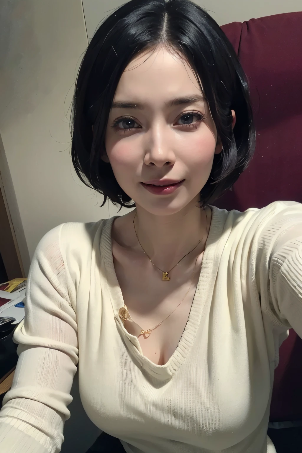 (masterpiece:1.3), (8k, photorealistic, RAW photo, best quality: 1.4), (1girl), beautiful face, (realistic face), (black hair, short hair:1.3), beautiful hairstyle, realistic eyes, beautiful detailed eyes, (realistic skin), beautiful skin, (sweater), absurdres, attractive, ultra high res, ultra realistic, highly detailed, golden ratio, smile, selfie shot, wearing surgical mask