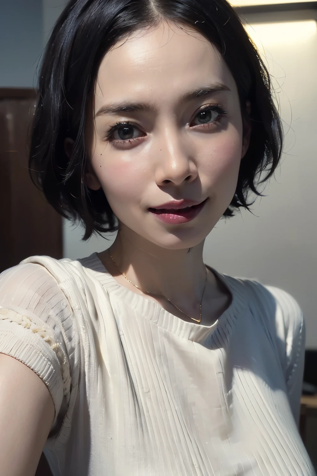 (masterpiece:1.3), (8k, photorealistic, RAW photo, best quality: 1.4), (1girl), beautiful face, (realistic face), (black hair, short hair:1.3), beautiful hairstyle, realistic eyes, beautiful detailed eyes, (realistic skin), beautiful skin, (sweater), absurdres, attractive, ultra high res, ultra realistic, highly detailed, golden ratio, smile, selfie shot, (wearing surgical mask)