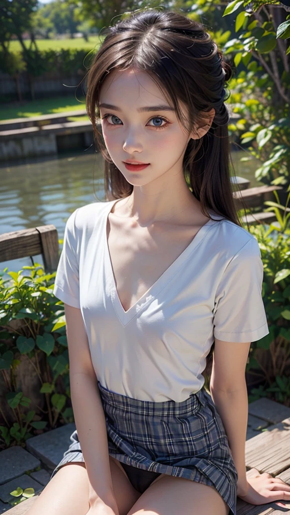 (masterpiece:1.3, highest quality, Ultra-high resolution, Super detailed), (Realistic:1.1, photoRealistic:1.4), Beautiful illustrations, Perfect lighting, colorful, Depth of written boundary, Beautiful detailed hair, Beautifully detailed face, Beautiful fine details, Beautiful clavicle, Beautiful body, Beautiful breasts, Beautiful thighs, Beautiful feet, Beautiful fingers, View your viewers, 1 girl, Japanese, high school girl, Perfect Face, (Perfect Anatomy, Anatomically correct), Cute and symmetrical face, Baby Face, Sunburn, Shiny skin, (Middle Hair:1.5, Twin tails:1.2, Blonde), Asymmetrical bangs, blue eyes, Long Eyelashes, (Medium chest), thin, ((Collared short-sleeved shirt, Light blue shirt, , Grey plaid pleated skirt, Navy them)), No panties, (Beautiful views), evening, (Outdoor, distant cityscape), Are standing, (peace sign), (Cute smile, Cheek blush、Upward glance, Open your mouth), (Opening a girl's pussy:1.3), Occasionally crouches:1.2,Stick your finger in pussy:1.9,((A large amount of pee is sprayed from the vagina)),((Very small, young face and chest)),(Cleavage:1),(very small and flat chest:1.4),