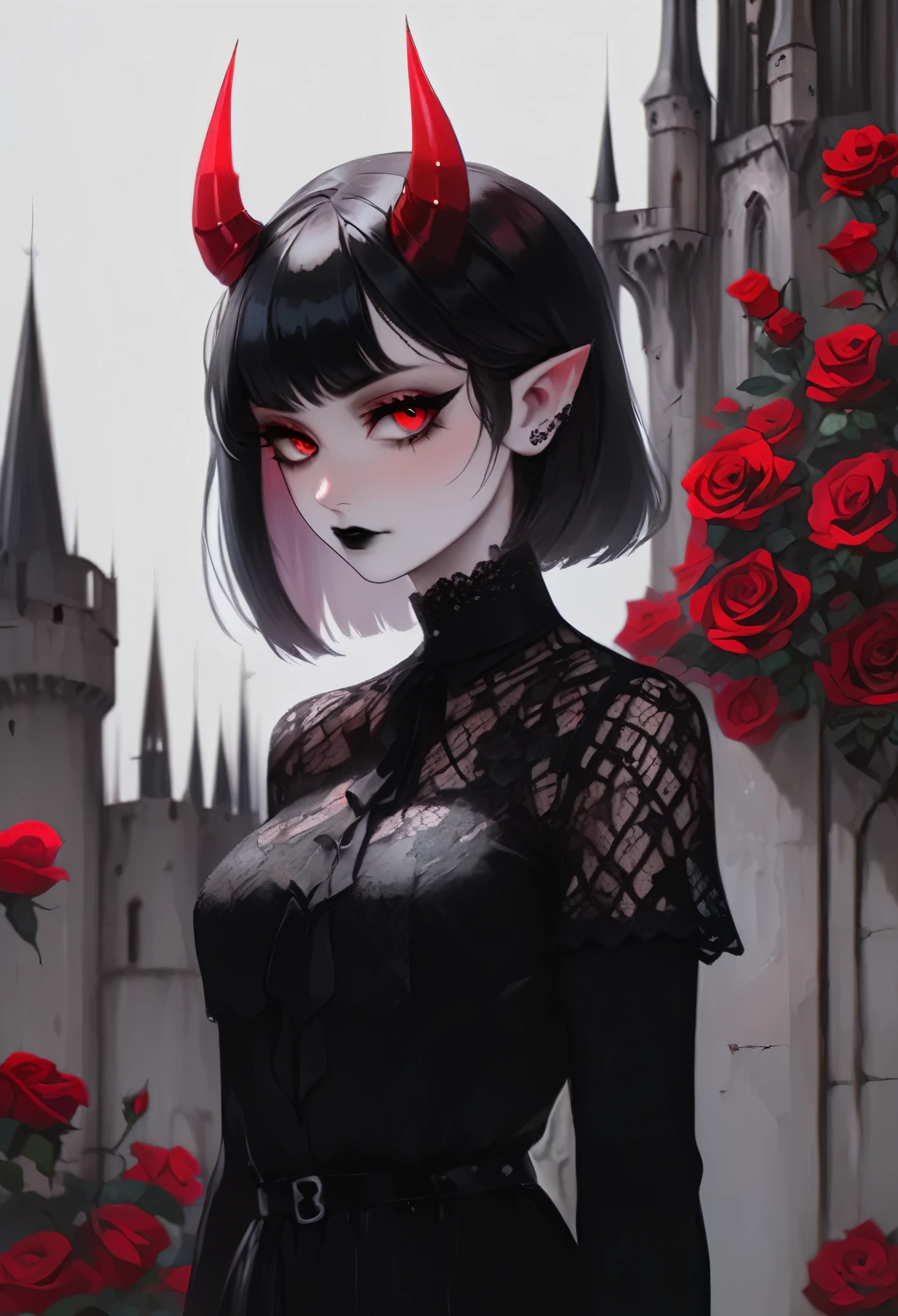 pale devil girl , ((above waist)), shot from far away, (largeeyes, Eyes are delicate and beautiful, Beautiful and delicate face, full body detailing), (prism shading, holo-infused ambiance, chromatic:1.2) Black lace shirt, Red rose and gothic castle background, (Long right angle:1.2) Sneakers with socks,